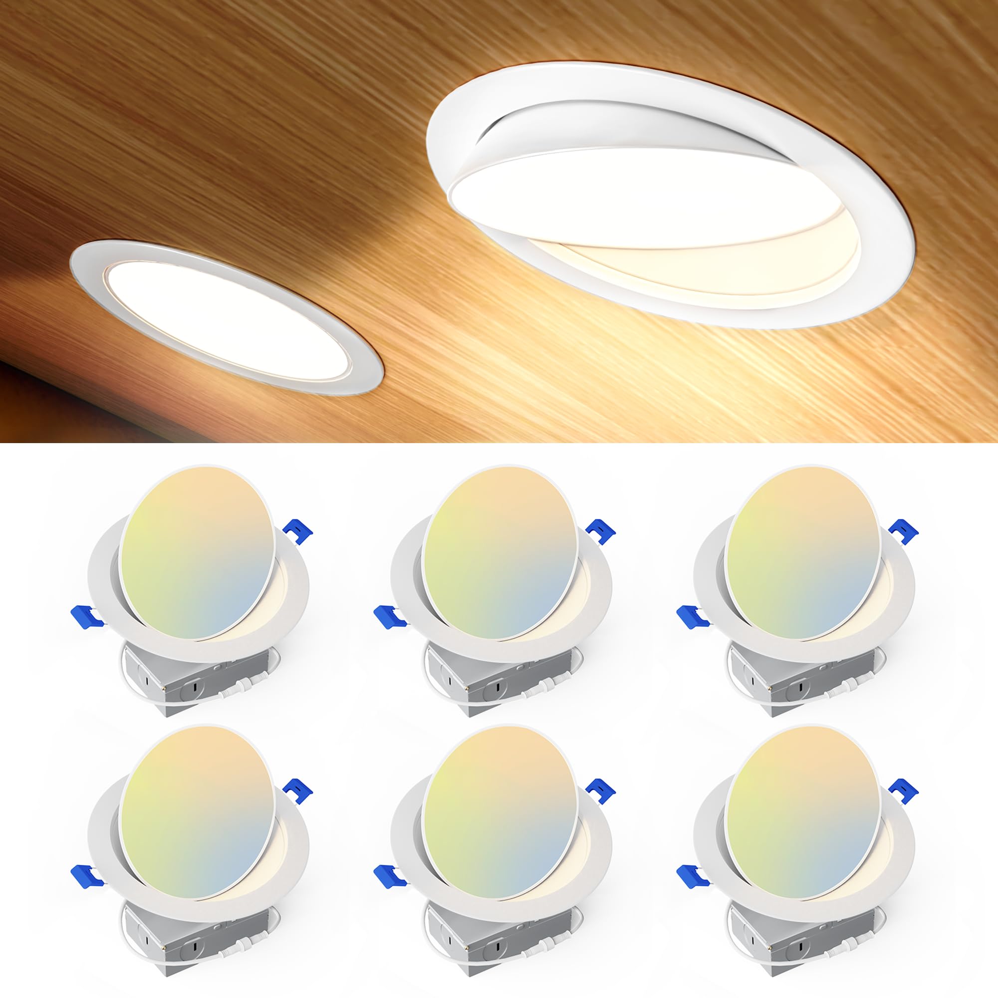 Photo 1 of Ensenior 6 Pack 6 inch 5CCT LED Eyeball Recessed Lighting, 360°+90° Rotatable, Dimmable Gimbal Recessed Lights, CRI90+, Canless Angled Adjustable Ceiling Downlight, 1300LM, 12W=115W, 120V - ETL&FCC