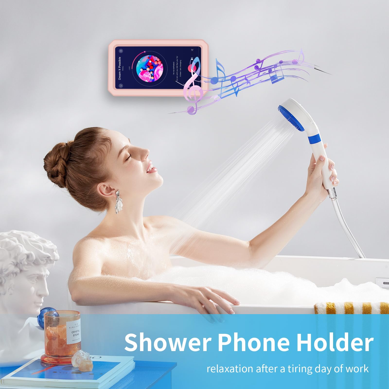 Shower Phone Holder Waterproof, 480° Rotatable Retractable Adjustable Anti-Fog High Sensitivity Touch Screen Bathroom Shower Phone Case, Bathroom Wall Phone Mount for 4-7" Cellphones (Pink)