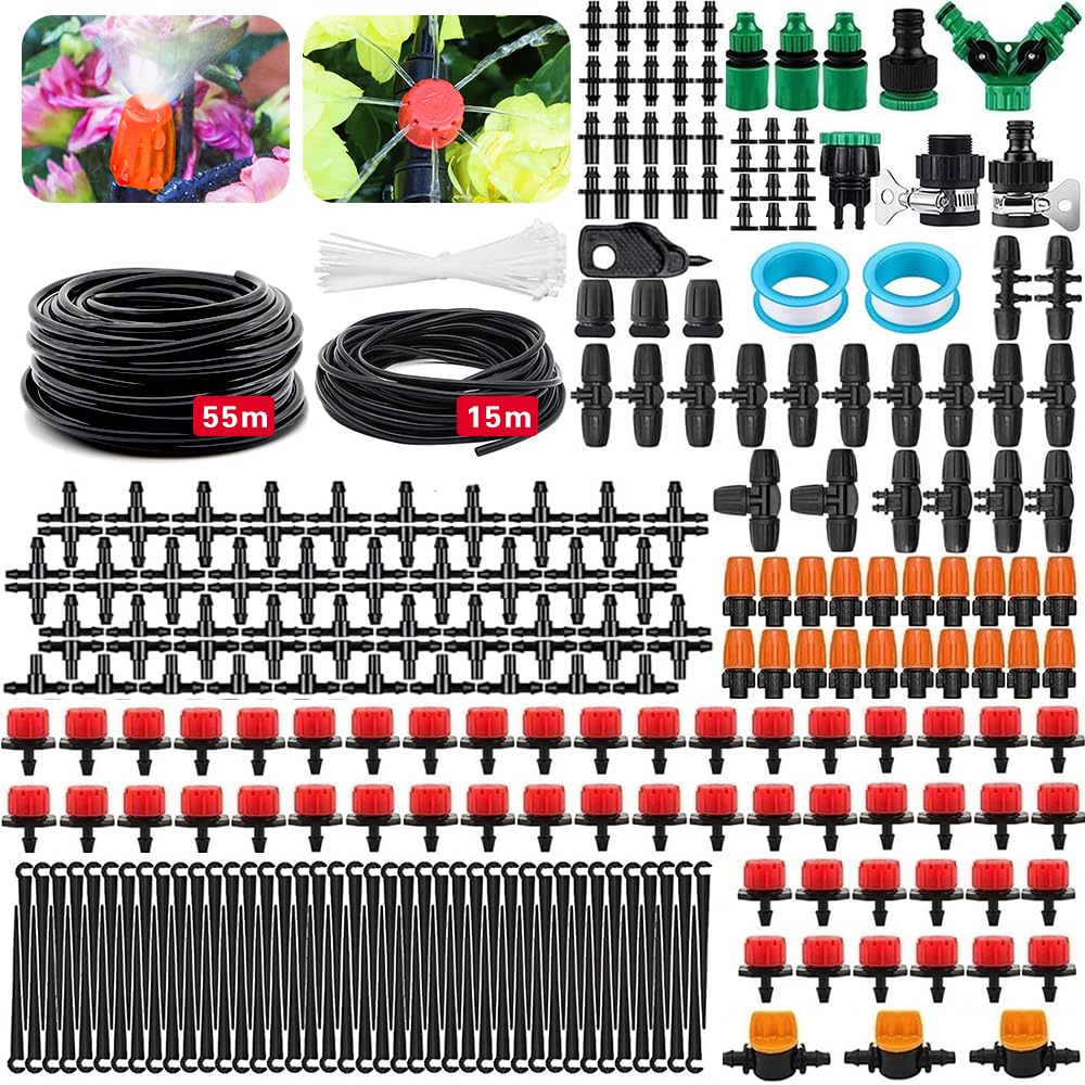 Bewässerungssystem Garten,340 Stück Gartenbewässerung Set,55M+15M Bewässerungsrohre,DIY Automatisches Tröpfchenbewässerung Set für Garten,Rasen,Gemüsegarten,Bauernhof