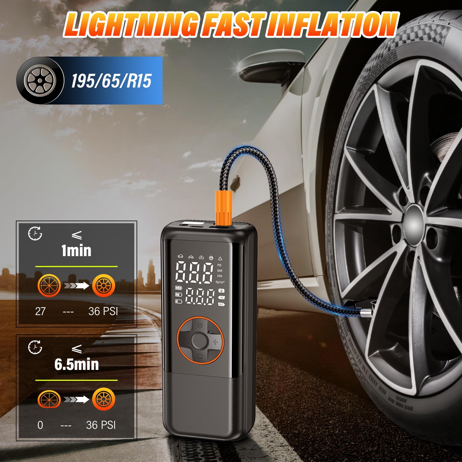 Compressore Aria Portatile per Pneumatici 150 PSI 7.4V – Pompa Gonfiaggio Senza Fili con Doppio Display Digitale, Batteria 2000mAh×2,Preimpostazione Pressione per Auto Moto Bicicletta Emergenza