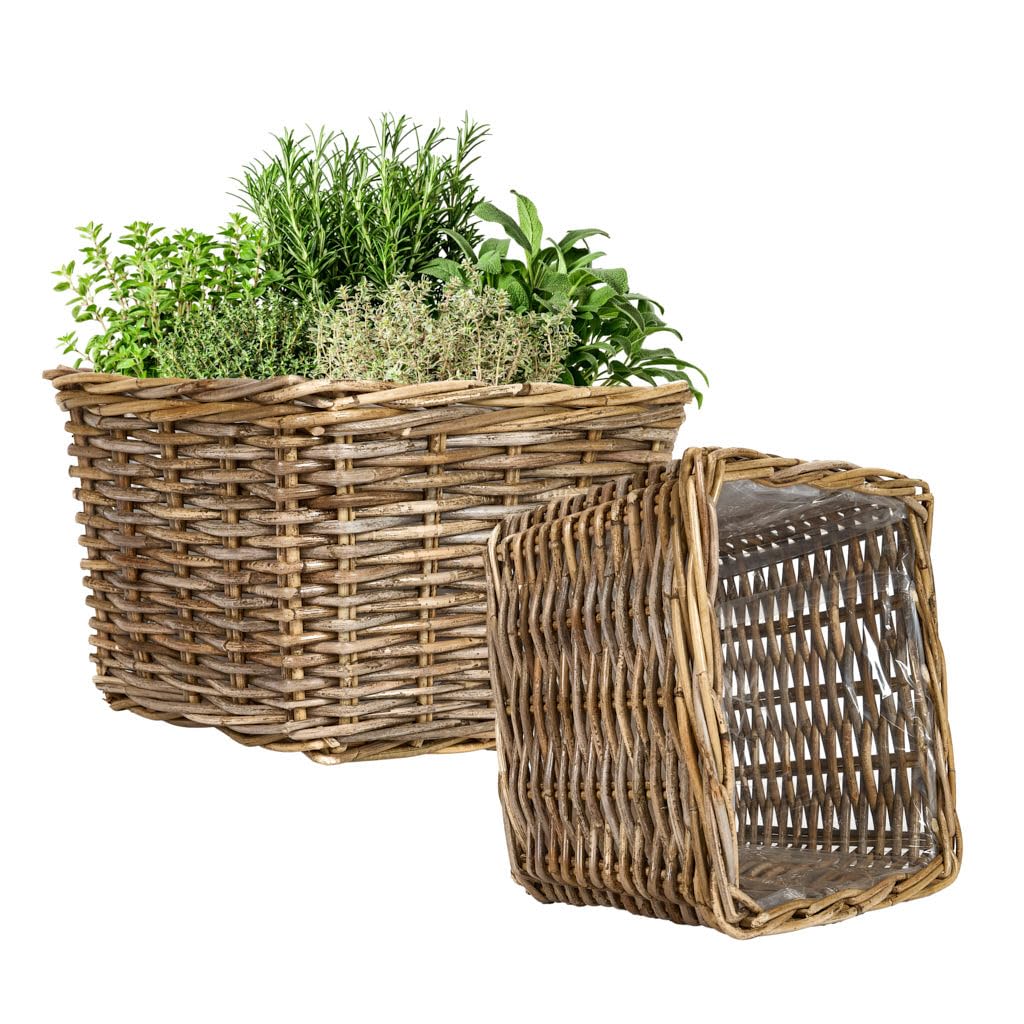 Dibor Willow Wicker Planter Set of 2 Watertight Lined Indoor Rattan Planters with Carrying Handles Rustic Style Living Room Hallway Bedroom Kitchen Bathroom Plant Basket (Square, L)