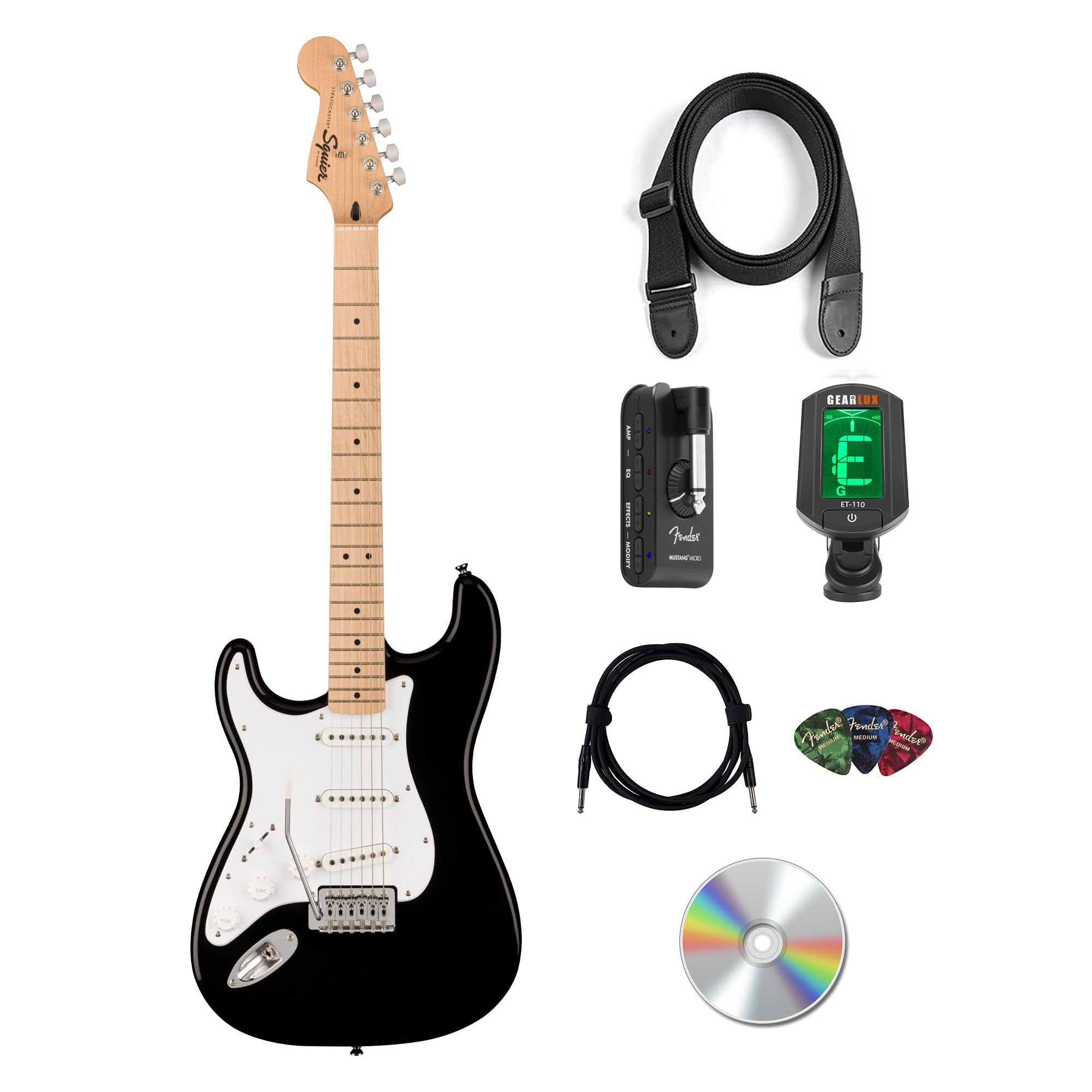 Fender Squier Sonic Stratocaster Left-Handed - Black Bundle with Mustang Micro Headphone Amp, Cable, Tuner, Strap, Picks, and Austin Bazaar Instructional DVD