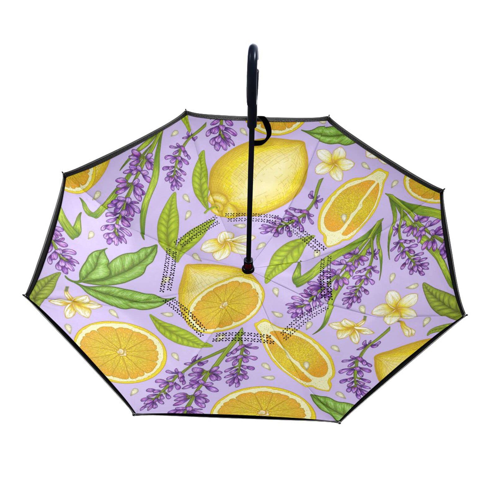 MNSRUU Doble capa invertida amarillo limón lavanda paraguas coches reversa viento lluvia paraguas para coche exterior con mango en forma de C, protección UV a prueba de viento, Multi, L