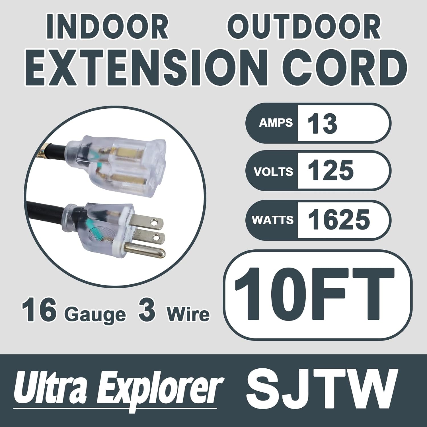 10 Ft Indoor Outdoor Black Extension Cord, 16/3 Heavy Duty Extension Cable, 3 Prong Grounded Plug with Lighted End for Appliance and Lawn, 13A, UL Listed
