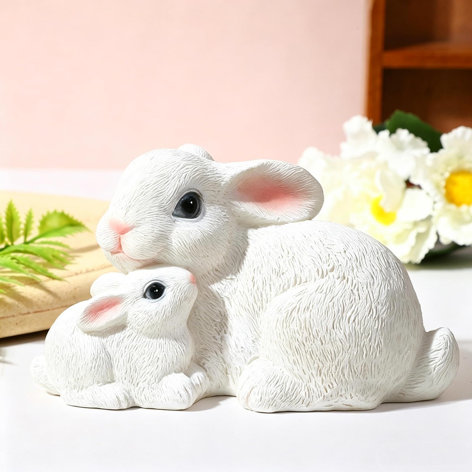 Lin's Wood Rabbit Statue Garden,Mother and Baby Rabbit Figurine - Garden Animal Outdoor Ornaments Decor Statue for Patio Christmas Decoration Indoor Outdoor (White) โ image 1