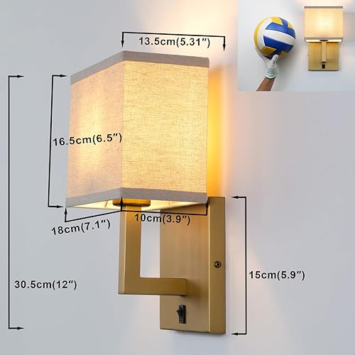 Miniatura 2 de Yosoan Juego de 2 apliques de pared de tela bohemia de lino con interruptor de encendido y apagado, tocador de latón, retro, cableado para