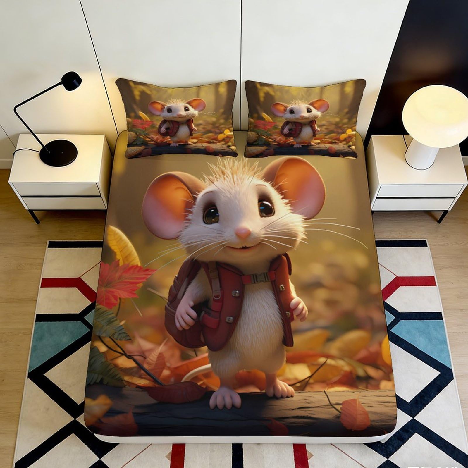 Uynsixtme Style-6 3D Printed Cute Mouse Pattern Fitted Sheet Microfiber Deep Pocket Bedroom Bedding Cute Mouse Mattress Fitted Cover Non-Slip 200X200x25cm