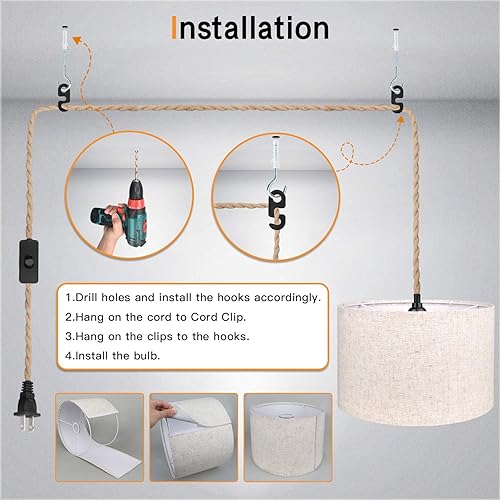 Miniatura 7 de Lámpara colgante enchufable de 16.5 pies, lámpara colgante con pantalla de enchufe, interruptor de cuerda de cáñamo, pantalla de tela de lino beige