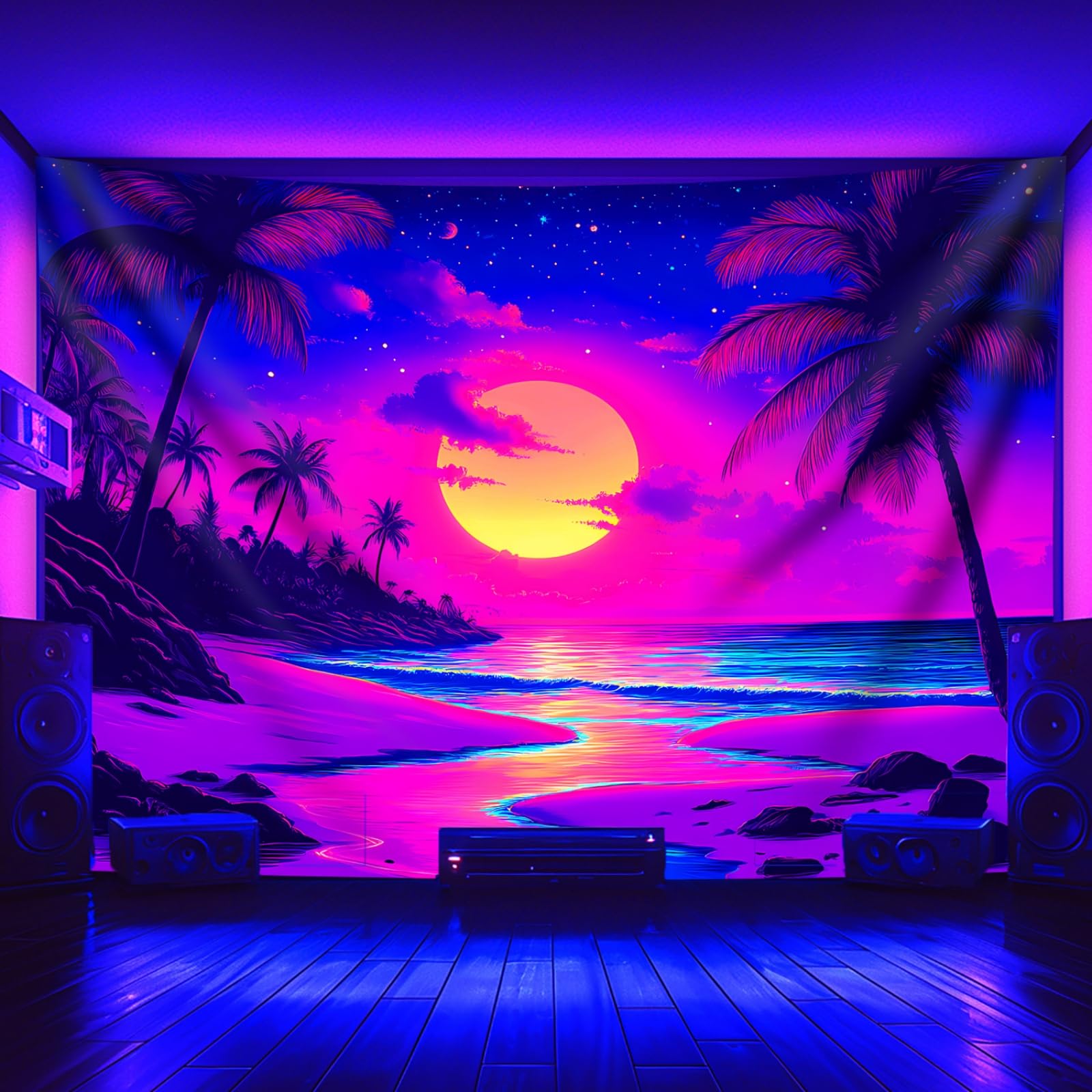 Arsey Schwarzlicht Wandteppich Tropischer Sonnenuntergang Strand mit Palmen, UV-Reaktiv Wandteppiche Wandbehang Stoff Aesthetic Wandtücher Deko Wohnzimmer Schlafzimmer, 200 x 150cm