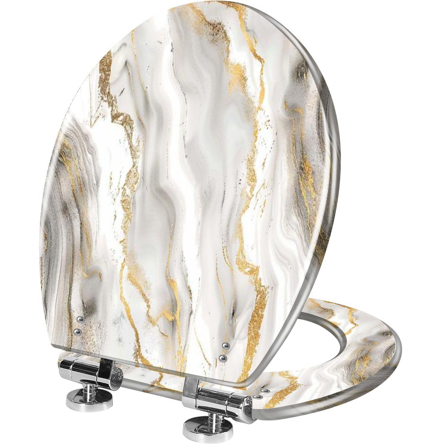 TRANQDEHOM Elongated Toilet Seat White gold marble texture Resin Toilet Seat Quietly Close Quick Release Hinges Decorative Toilet Seat with Cover Easy to Install, Style 6