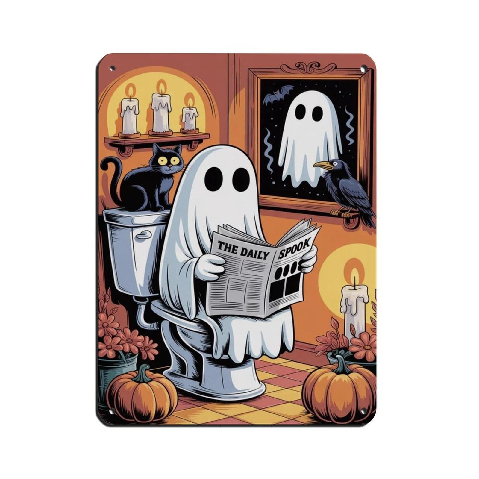 Ghost Reading A Newspaper on Toilet Poster (5) Retro Poster Metal Tin Sign Chic Art Retro Iron Painting Bar People Cave Cafe Family Garage Poster Wall Decoration 12x16inch(30x40cm)