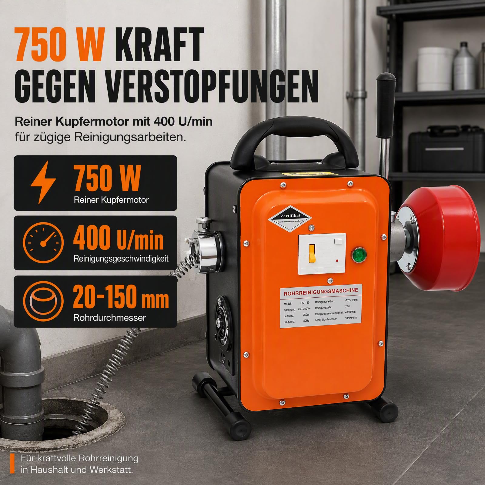 Rohrreinigungsspirale 750W Maschine 20m für Abfluss Kanal Reinigung