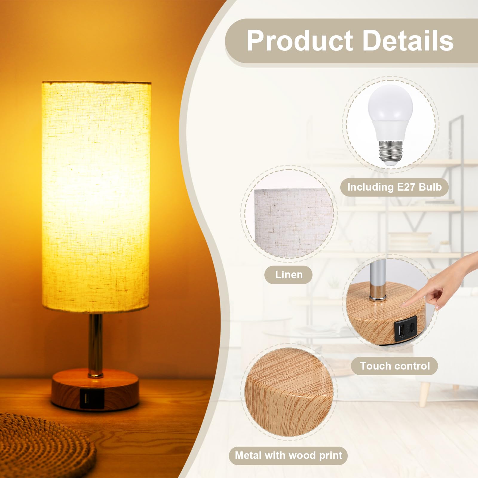 Neoglint Abat Jour da Comodino Coppia, Lampada Touch da Comodino Dimmerabile con 4 Porte di Ricarica USB,Paralume in Tessuto Bianco, Attacco E27, Include 2 Lampadine Bianco Caldo (3000K)