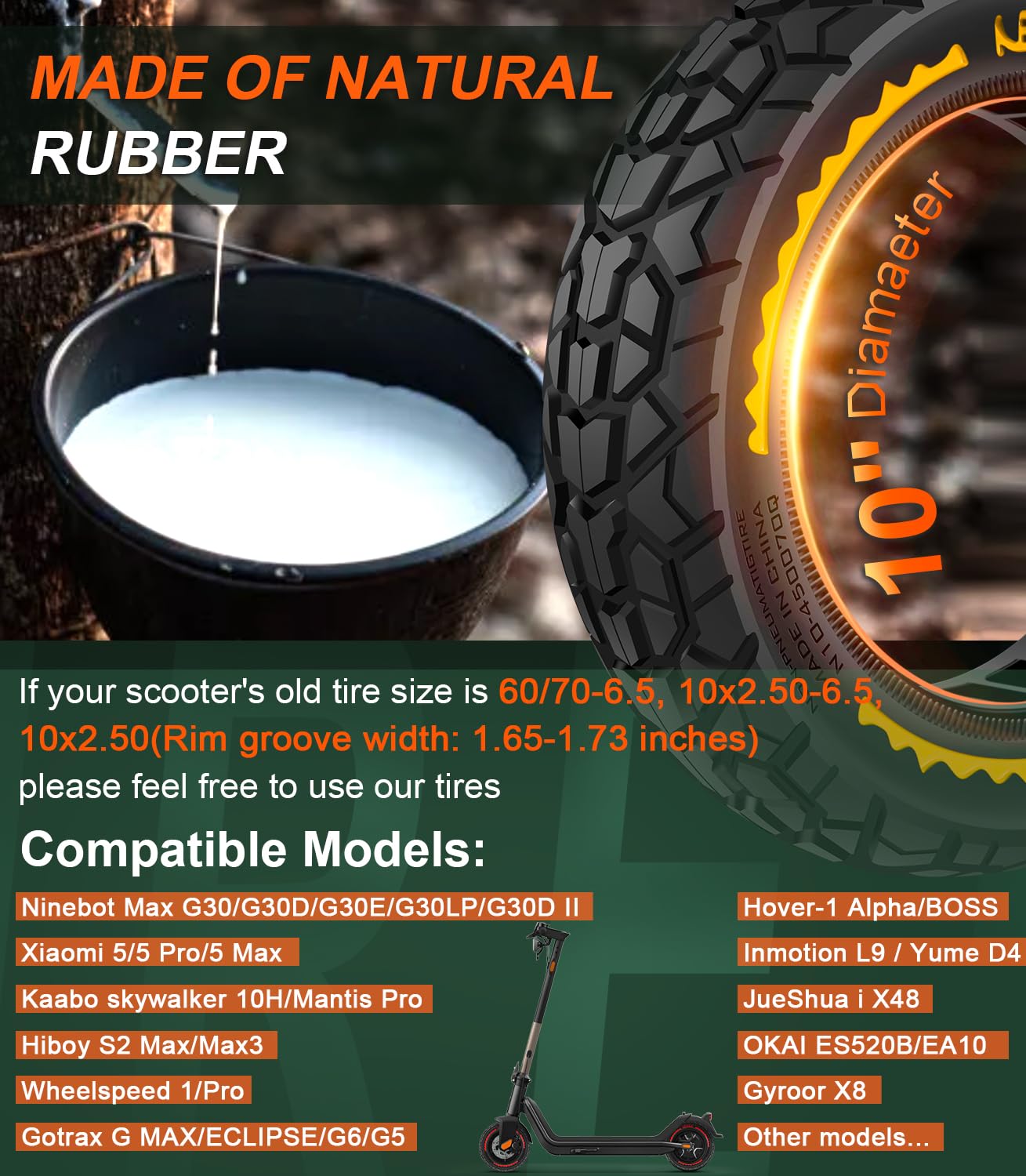 BANGTING 2PCS 10x2.50-6.5 Pneus Increvables pour Roue Trottinette Electrique - 60/70-6.5 Pneu Tubeless, 10x2.50 Pneu Plein Tout-Terrain pour Ninebot G30 Série et Xiaomi 5/5 Pro/5 Max (Jaune)