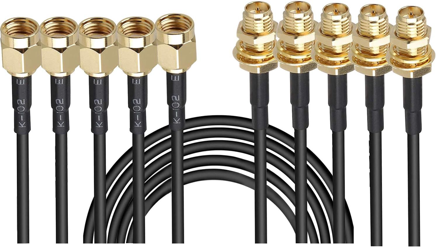5-Pack 10ft WiFi Antenna Extension Coaxial Cable RP-SMA Male to RP-SMA Female for WiFi LAN WAN Router Bridge Antenna Security IP Camera Signal Booster Repeater Wireless Network Card Adapter
