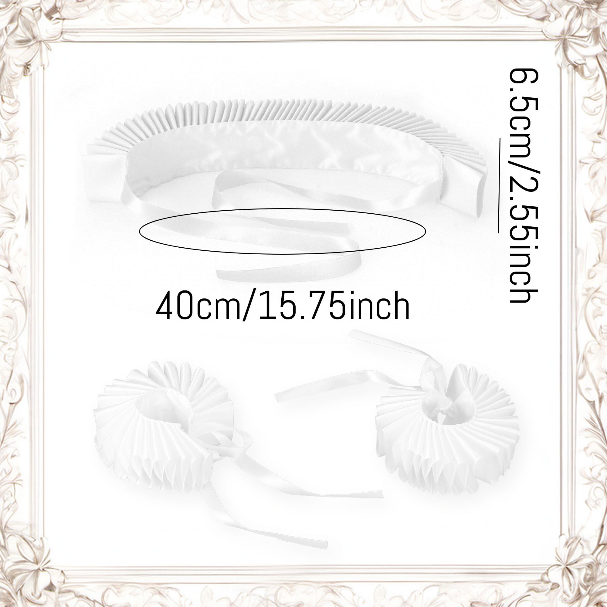 LaVenty Elizabethan Dickens Ruff Neck Clown Collar Elizabeth Wrist Ruffs Ruffle Cuff Arm Bands(white), Silver - Image 2