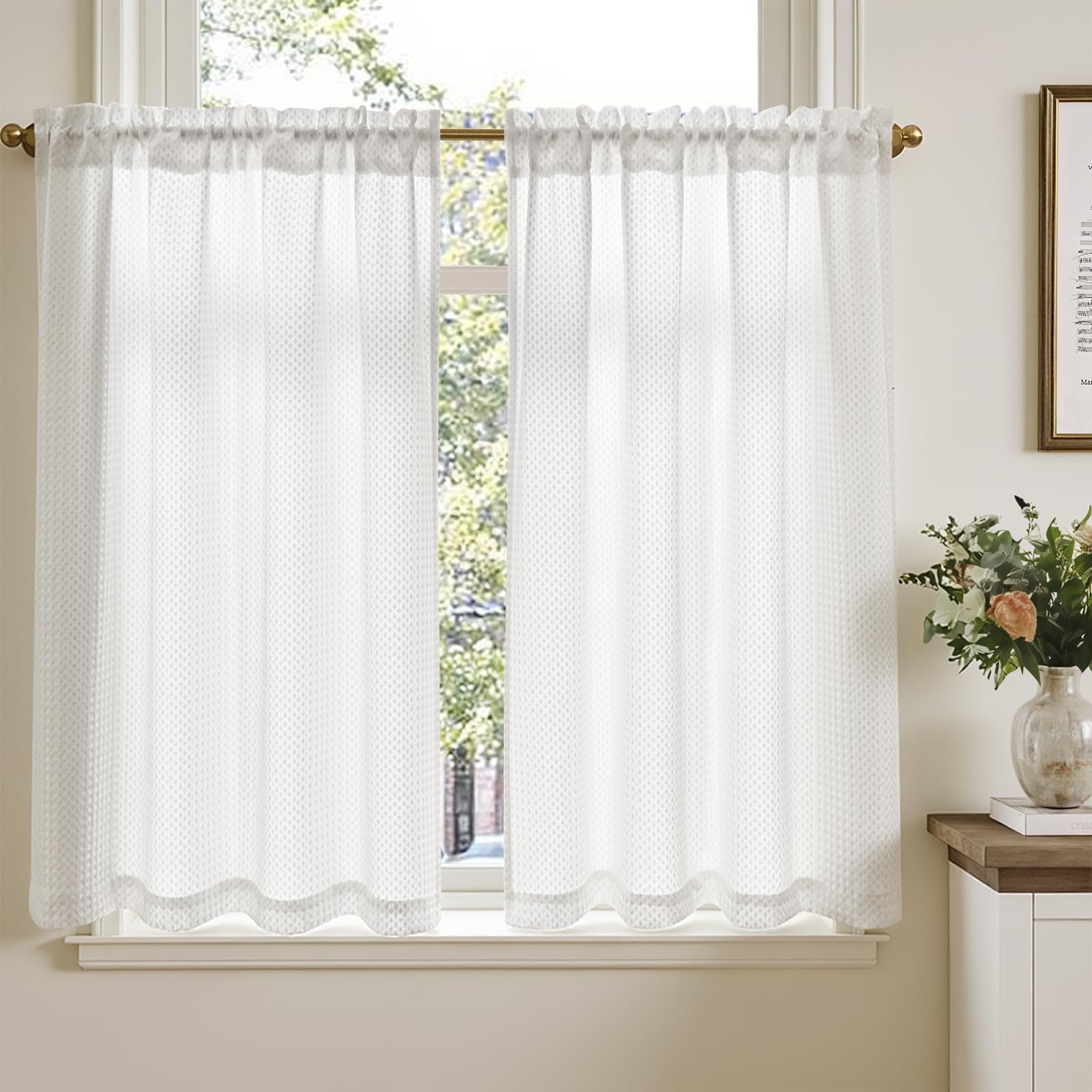 TOPICK Küchenvorhang, Wohnzimmer, mit Waffelmuster, für den Außenbereich, Kurzfenster, Vorhänge, Scheibengardinen, Dekoration, Terrasse, Schlafzimmer, Schrank