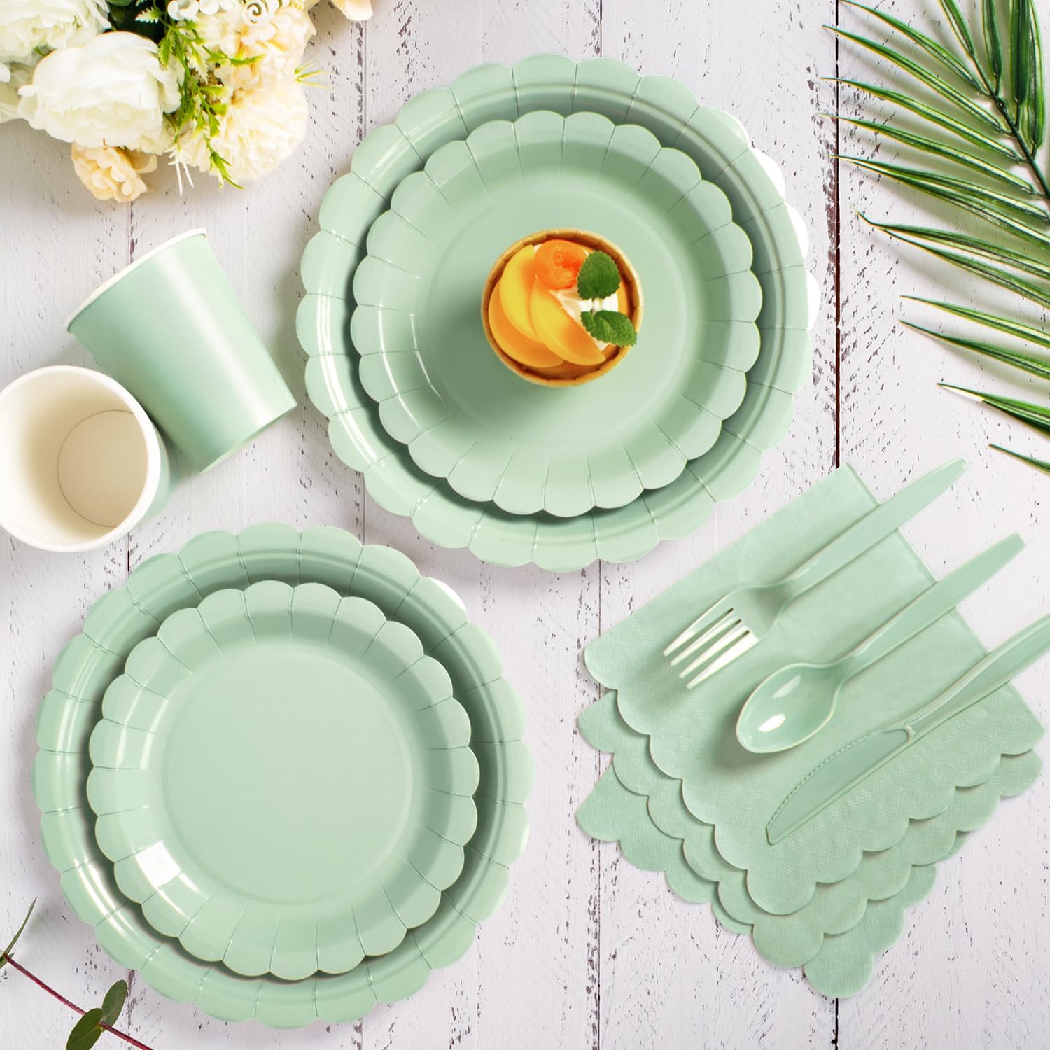 Vyntra 350 Pcs Sage Green Disposable Paper Plates and Napkins Set for 50, 9" Dinner Plates & 7" Dessert Plates, Tableware for Bridal Shower, Birthday, Garden Party - Image 5