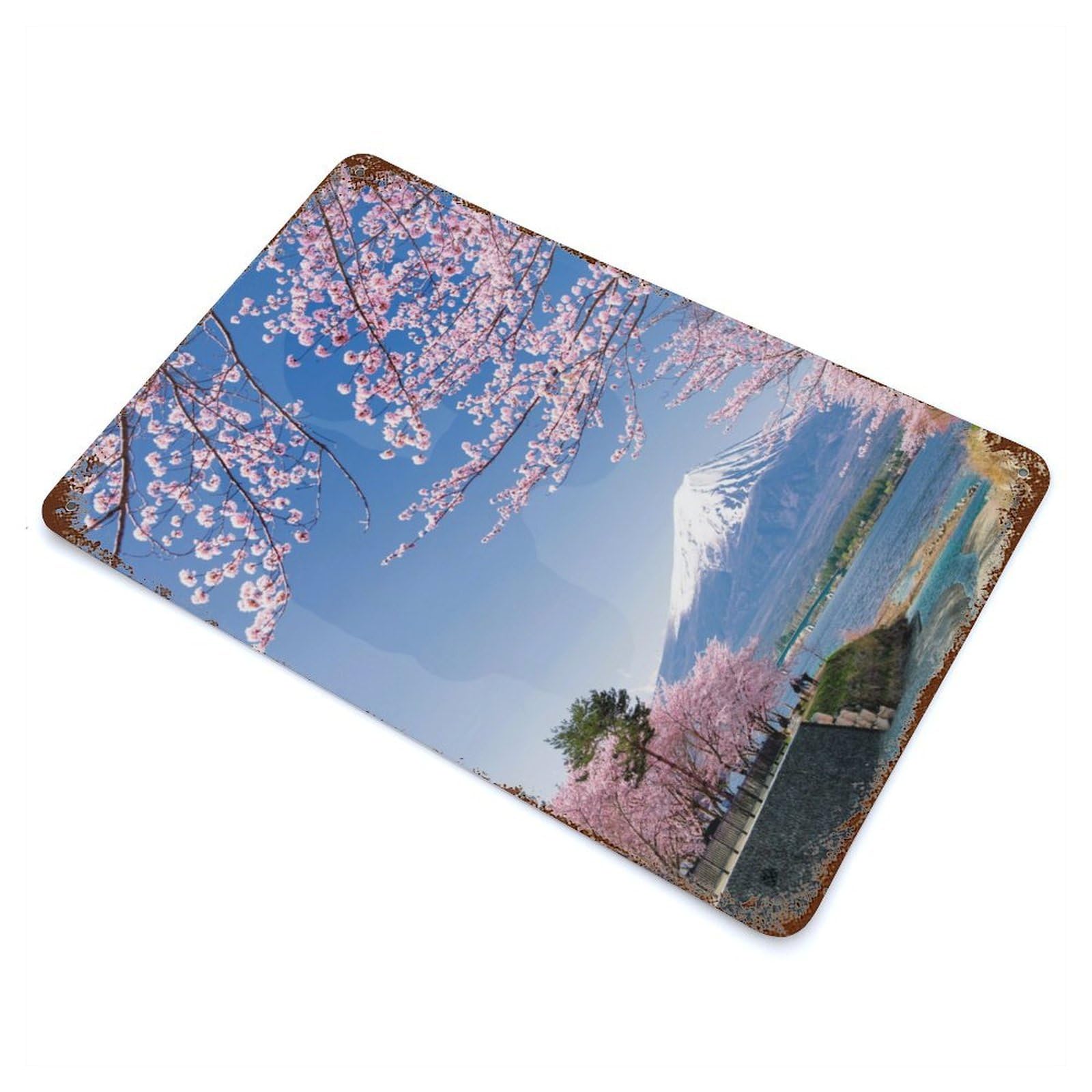 Rust Effect Sakura Branches And Fuji Weathered Tin Sign 11.8"x7.9", Classic Wall Plaque for Living Room, Hallway And Home Decor