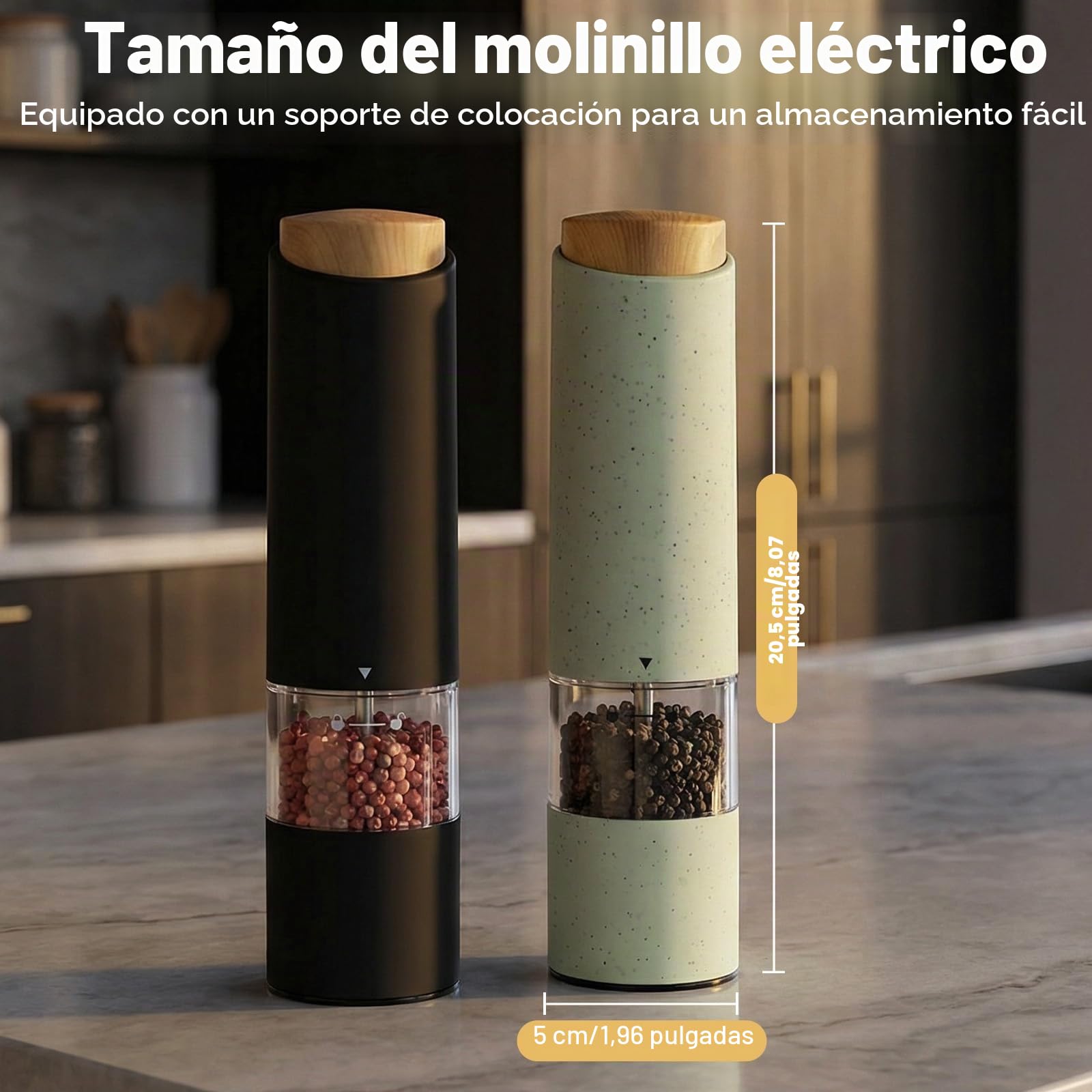 2 Paquetes Pimentero electrico,Molinillo Pimienta electrico,Salt and pepper grinder set,Salero y pimentero,Tosquedad Ajustable,Luz LED,Para Barbacoa,Cocina (Negro)