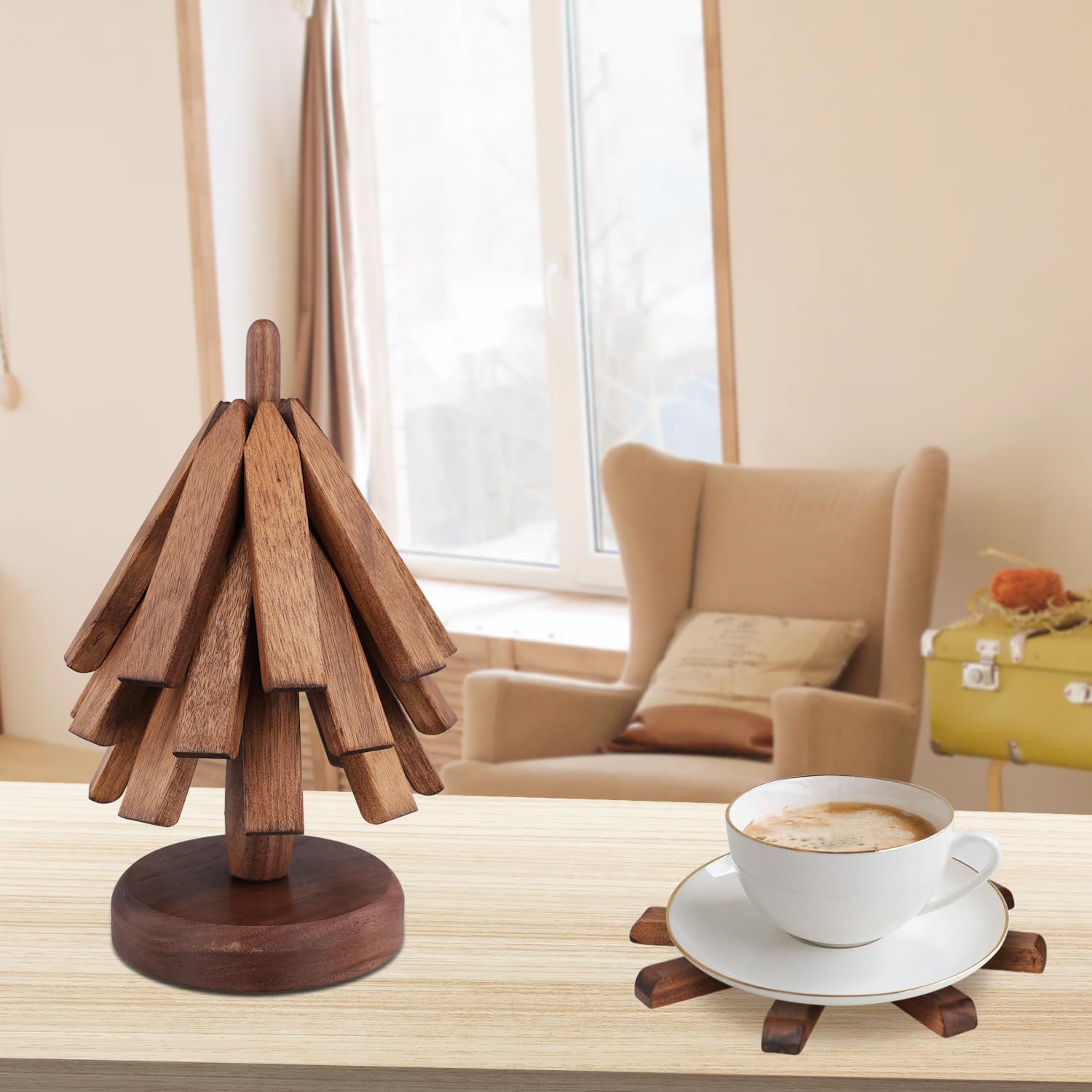 Set De Dessous De Plat En Bois Forme Sapin - 4 Pièces Pliables Et Décoratives