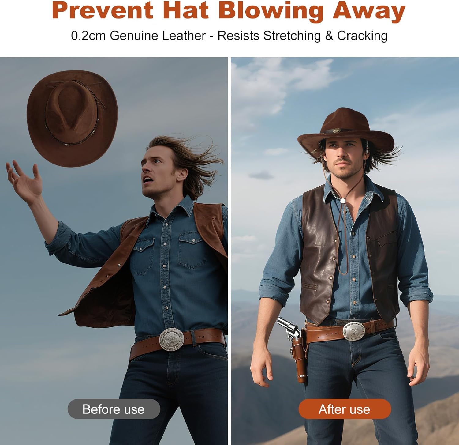 Genuine Leather Hat Chin Strap, Adjustable with Metal Clips, Windproof for Cowboy Straw Hats, Riding, Hiking, Outdoor - Image 2