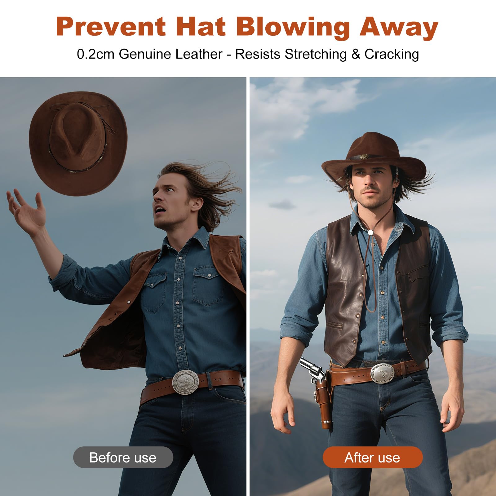 Sottogola in vera pelle, regolabile, con clip in metallo, antivento, per cappelli da cowboy, equitazione, escursionismo, attività all'aperto