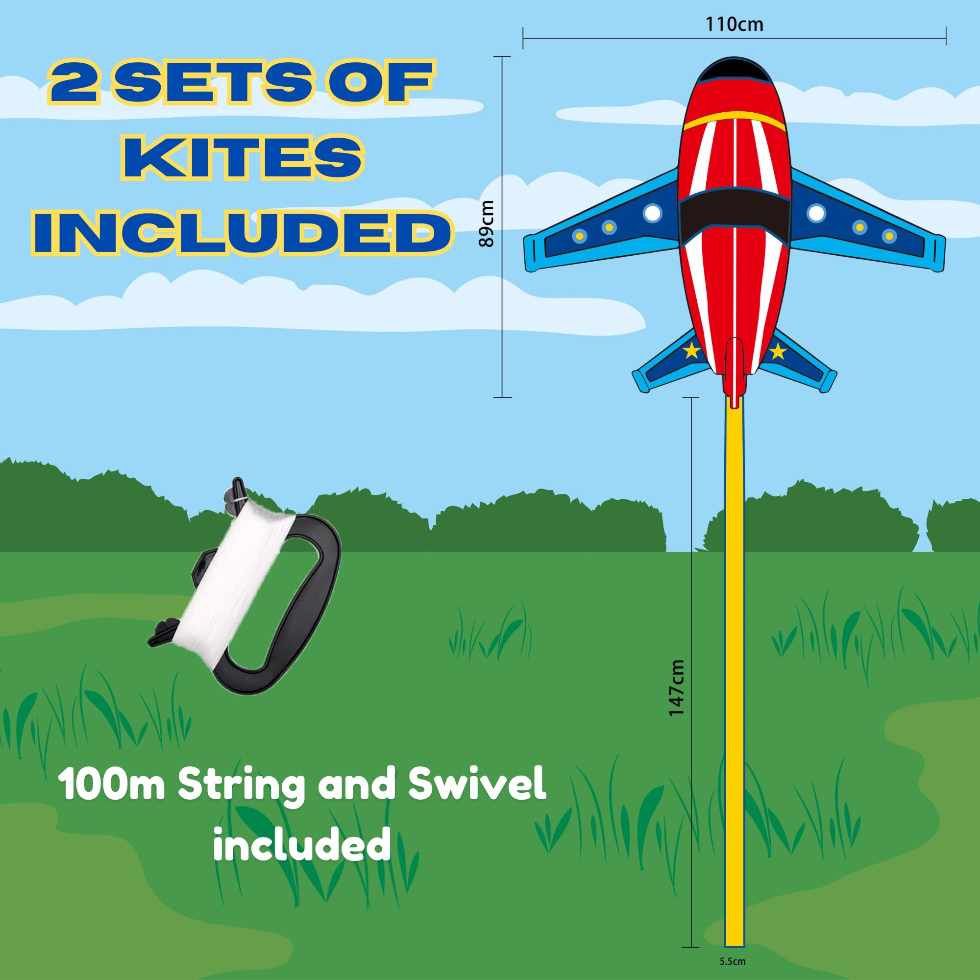 Lubibi 2pcs Cometa para Niños y Adultos, Cometa Luchador monohilo Grande, Incl.100m Hilo de Cometa y asa, Fácil de Volar y Montar, Juego de Playa Juguetes Cometa para niños y Adultos Principiantes