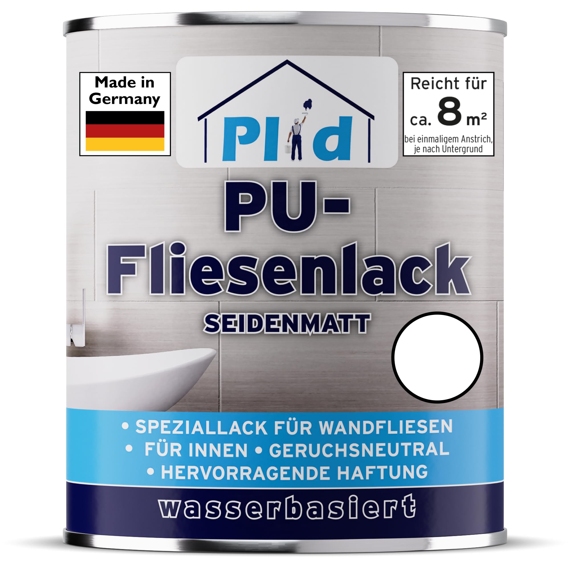 plid® Vernice per piastrelle 0,75L - Bianco satinato, resistente all'umidità - Per bagno e cucina - 3in1: pittura e smalto per interni - Made in Germany