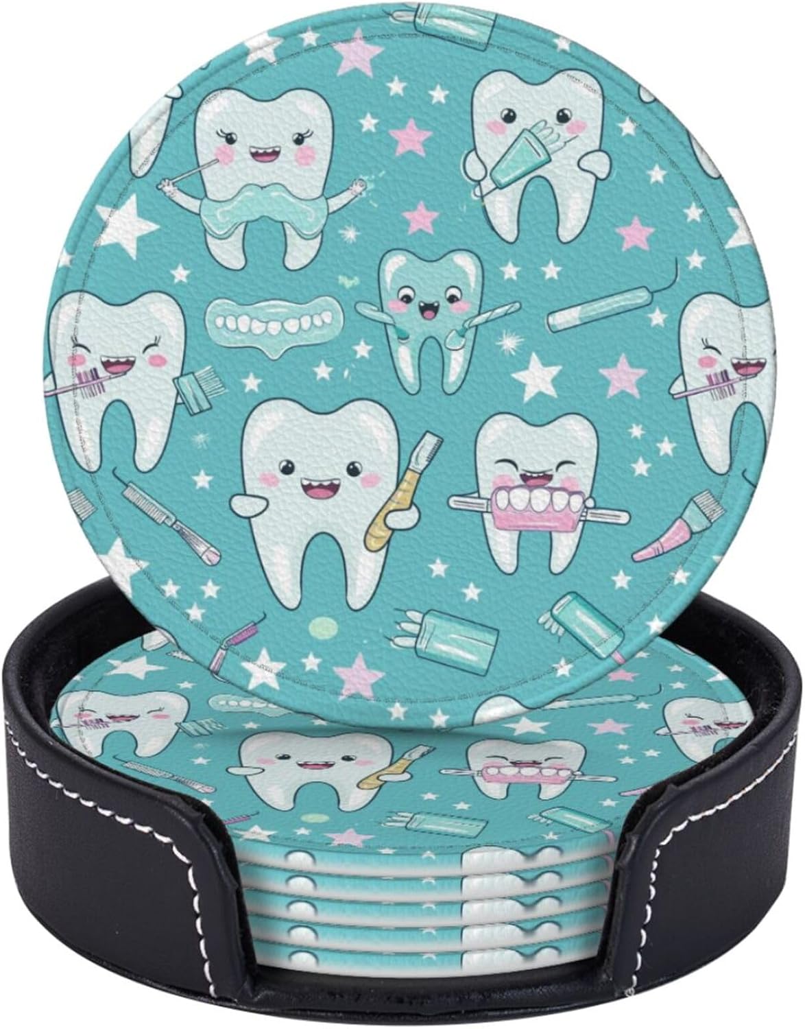 6 Pcs Adorable Cartoon Teeth Leather Coasters for Drinks with Holder Round Mug Mat Table Desk Coasters Set Cup Coasters for Living Room Kitchen Coffee Decor