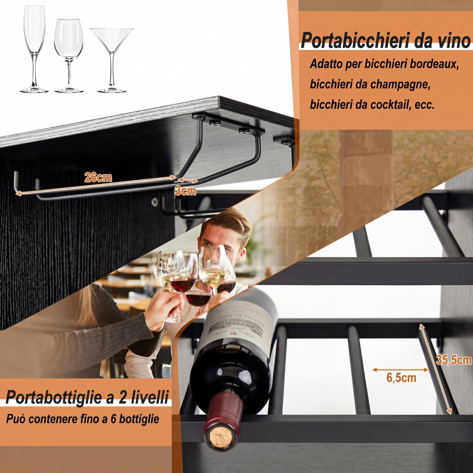 COSTWAY Set 3 Pezzi Tavolo e Sedie da Bar, Tavolo e Sgabelli da Pub Industriale con Porta Calici e 6 Portabottiglie da Vino, Set di Tavolo per Sala da Pranzo, Ristorante e Bar (Nero)