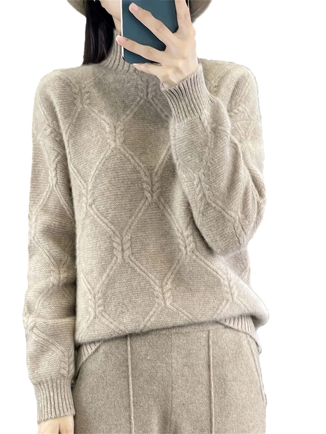 Vogrtcc Maglione da Donna Autunno Inverno Collo A Lupetto Pullover Spesso Maglione Lavorato A Maglia di Cashmere Intrecciato di Lana
