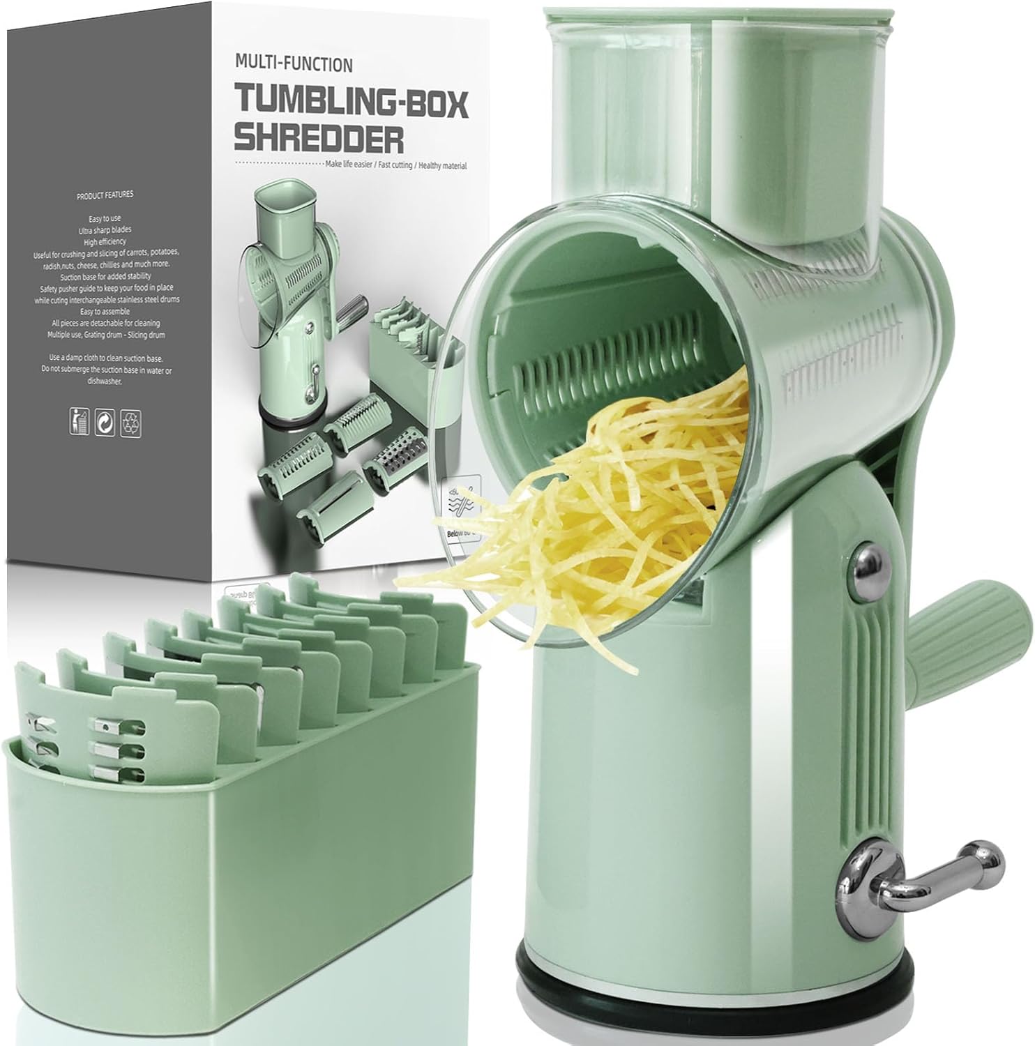 5 in 1 Cheese Grater with Rotary Hand Crank - Vegetable Chopper with Replaceable Stainless Blades, Strong Suction Base, Handle, Blade Storage Box, Easy-Clean Multipurpose Kitchen Slicer (Green)