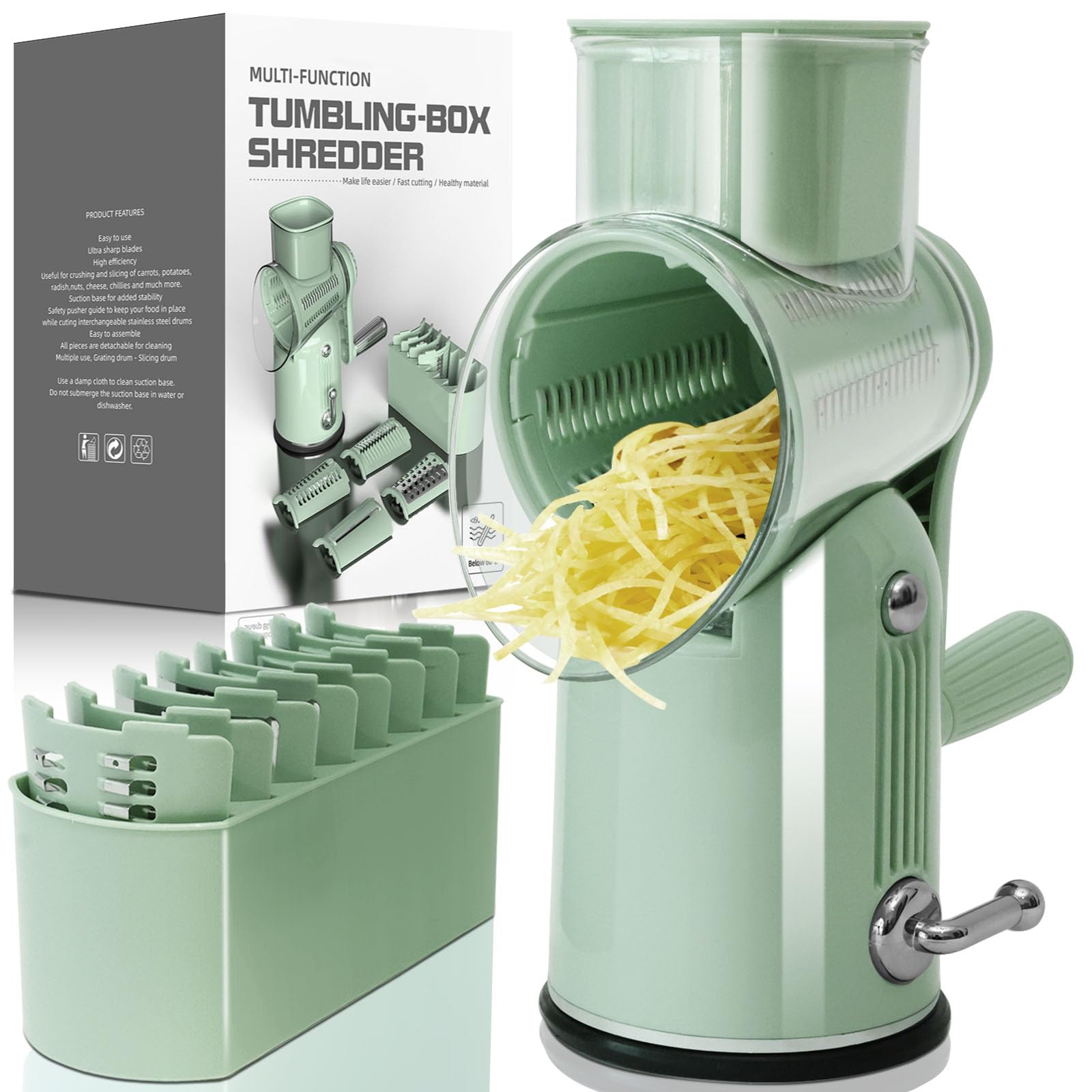 5 in 1 Cheese Grater with Rotary Hand Crank - Vegetable Chopper with Replaceable Stainless Blades, Strong Suction Base, Handle, Blade Storage Box,