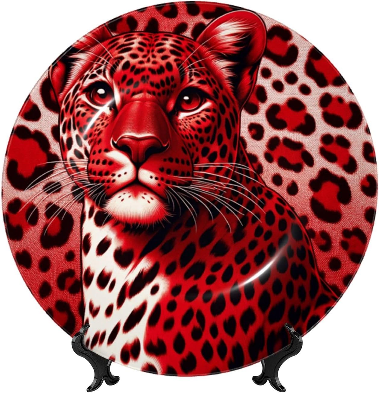 Red-Leopard-Print 10 Inch Decorative Plate With Stand, Elegant Display Wall Plate For Home Decor