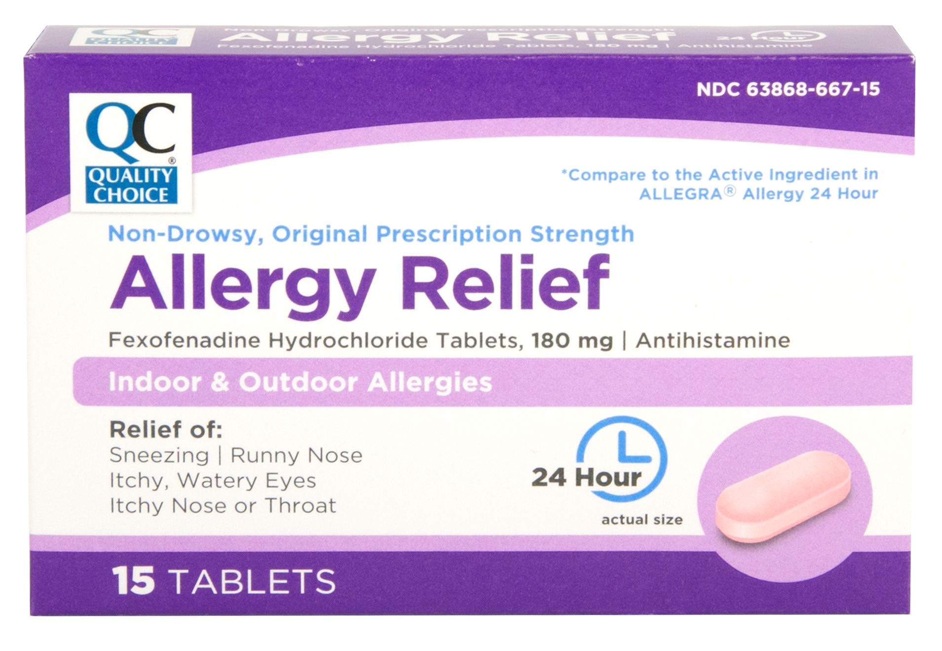 Quality Choice Fexofenadine HCL 180 mg Tablets 15 Count | Non-Drowsy 24 Hour Indoor and Outdoor Allergy Relief for Sneezing, Runny Nose, Itchy Throat and Watery Eyes