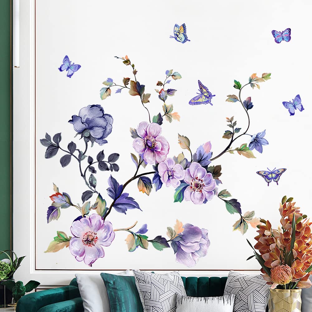 Romantico acquerello floreale decalcomania da parete bouquet viola adesivo da parete fai da te rimovibile Peel and Stick fiore arte murale per soggiorno camera da letto comodino ingresso studio