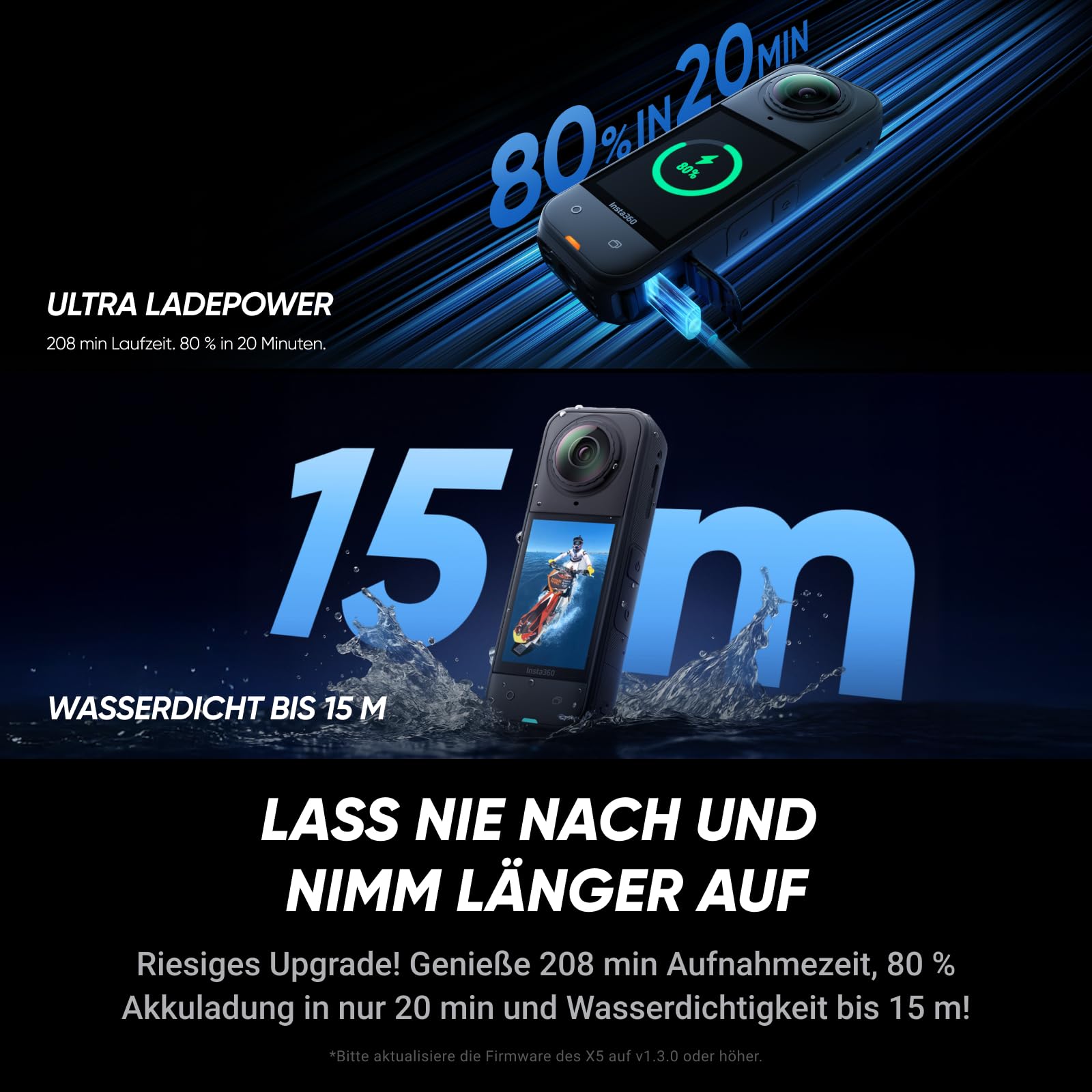 Insta360 X5 Must-Have-Bundle - wasserdichte 8K 360°-Kamera, Führend bei wenig Licht, Unsichtbarer Selfie-Stick-Effekt, robuste & auswechselbare Linsen, 3 h Akku, Integr. Windschutz, Stabilisierung