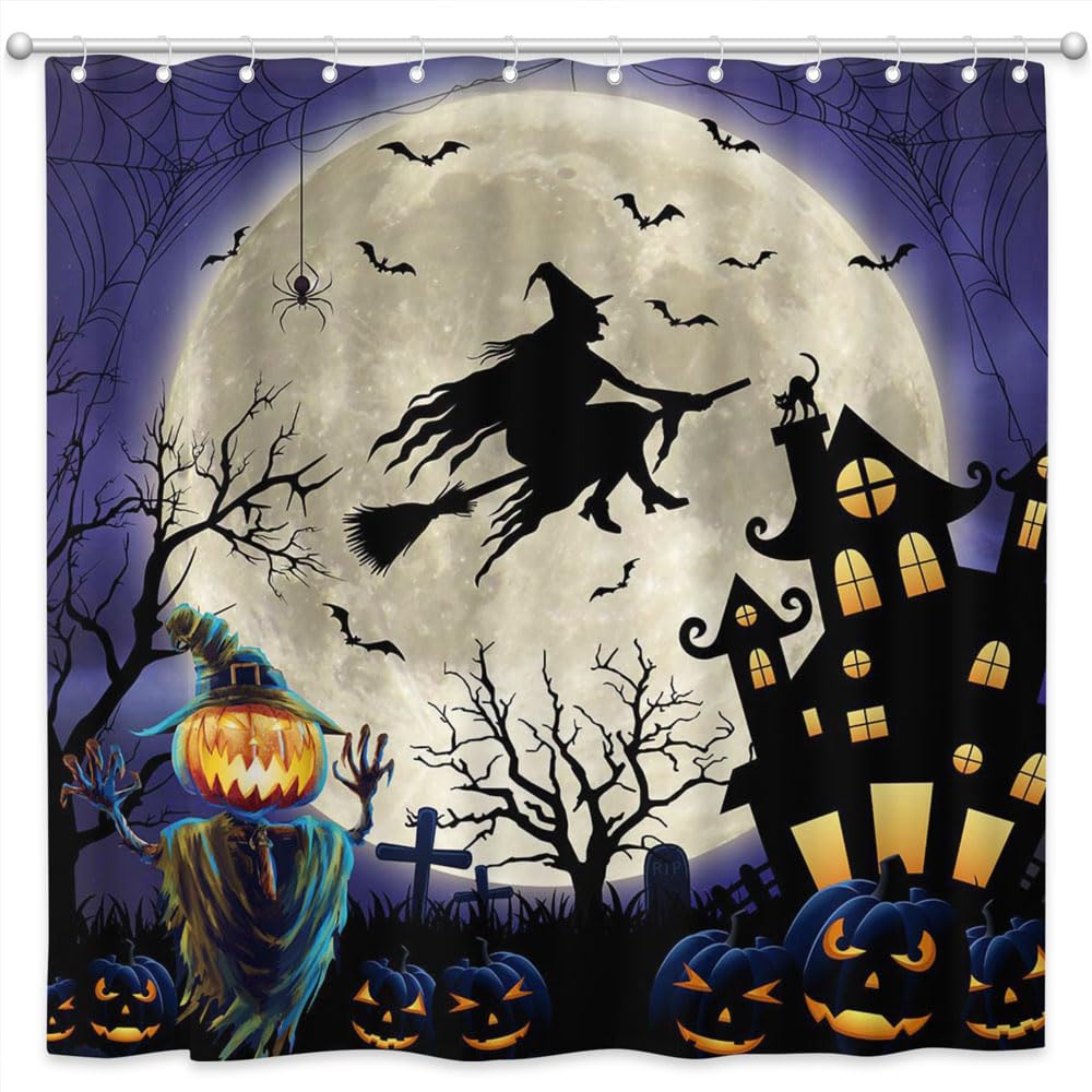 Joliaco Halloween Witch Shower Curtain Scary Haunted House Pumpkin Bathroom Curtain Set Horror Night Full Moon Polyester Fabric Bathtub Decor with 12