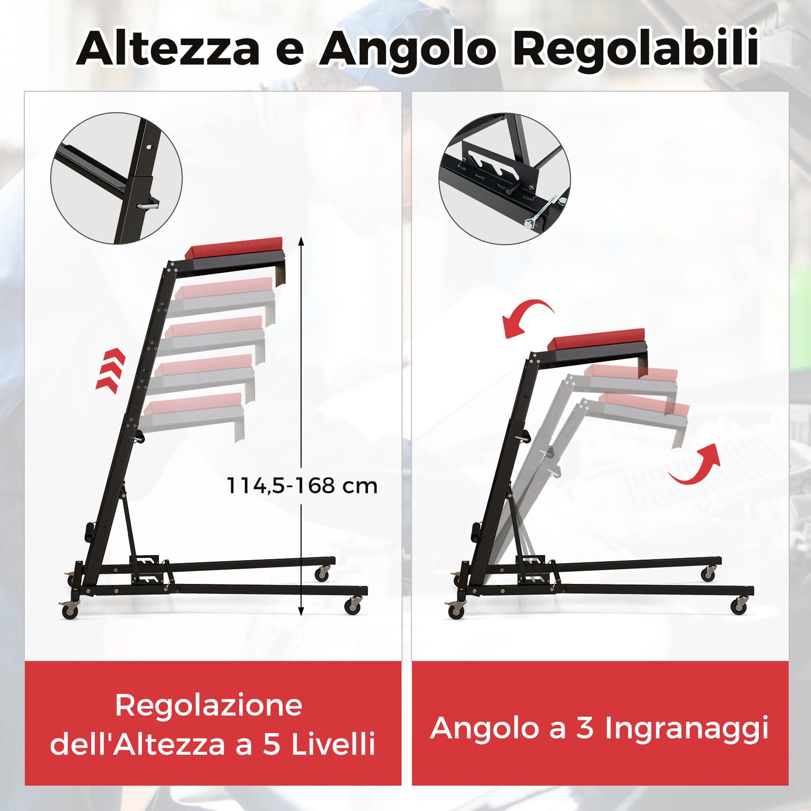 COSTWAY Creeper Pieghevole per Motore, Creeper per Motore Auto con Altezza Regolabile e Angolazione, 4 Ruote, Piattaforma Imbottita, Capacità Carico 180kg, per Garage e Officina di Riparazione