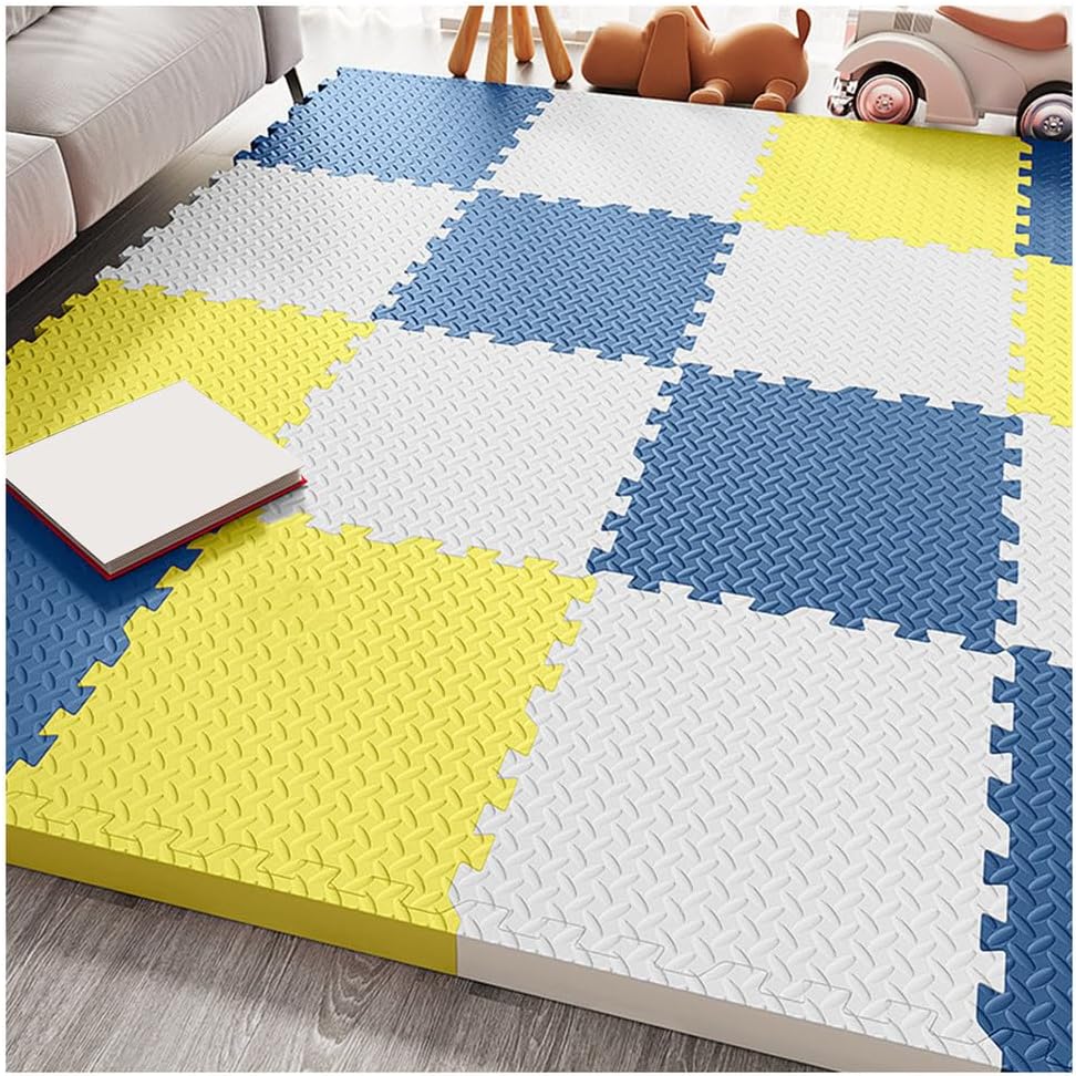 36Pcs Interlocking Foam Puzzle Floor Mat – 1/2″ Thick, 12″x12″ Anti-Slip, Waterproof Exercise Tiles with Border – Easy Install Home Gym Play Mat in White, Yellow & Navy Blue
