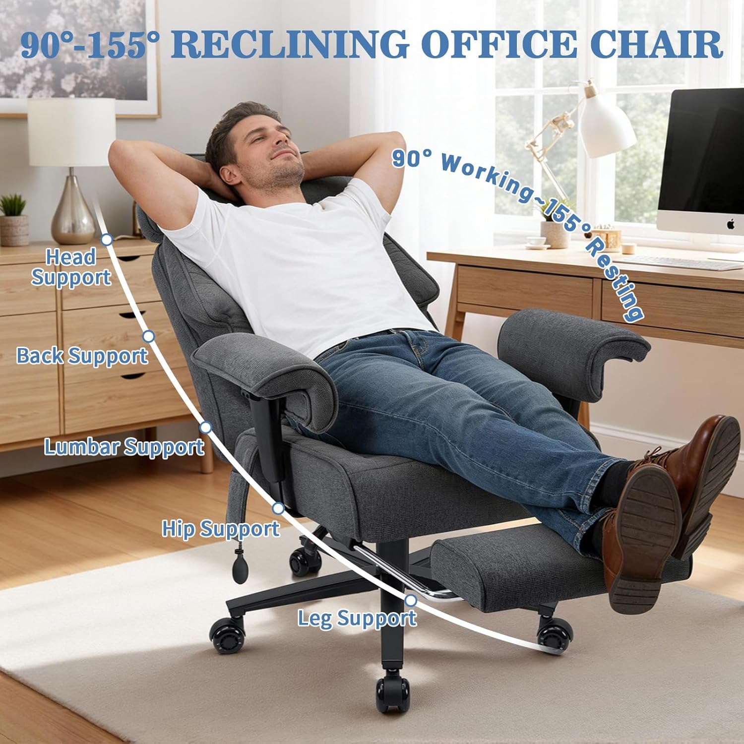 HOFFREE Big and Tall Office Chair 500lbs for Heavy People Executive Office Desk Chair with Wide Seat High Back Computer Chair with Adjustable Lumbar Support Grey Fabric