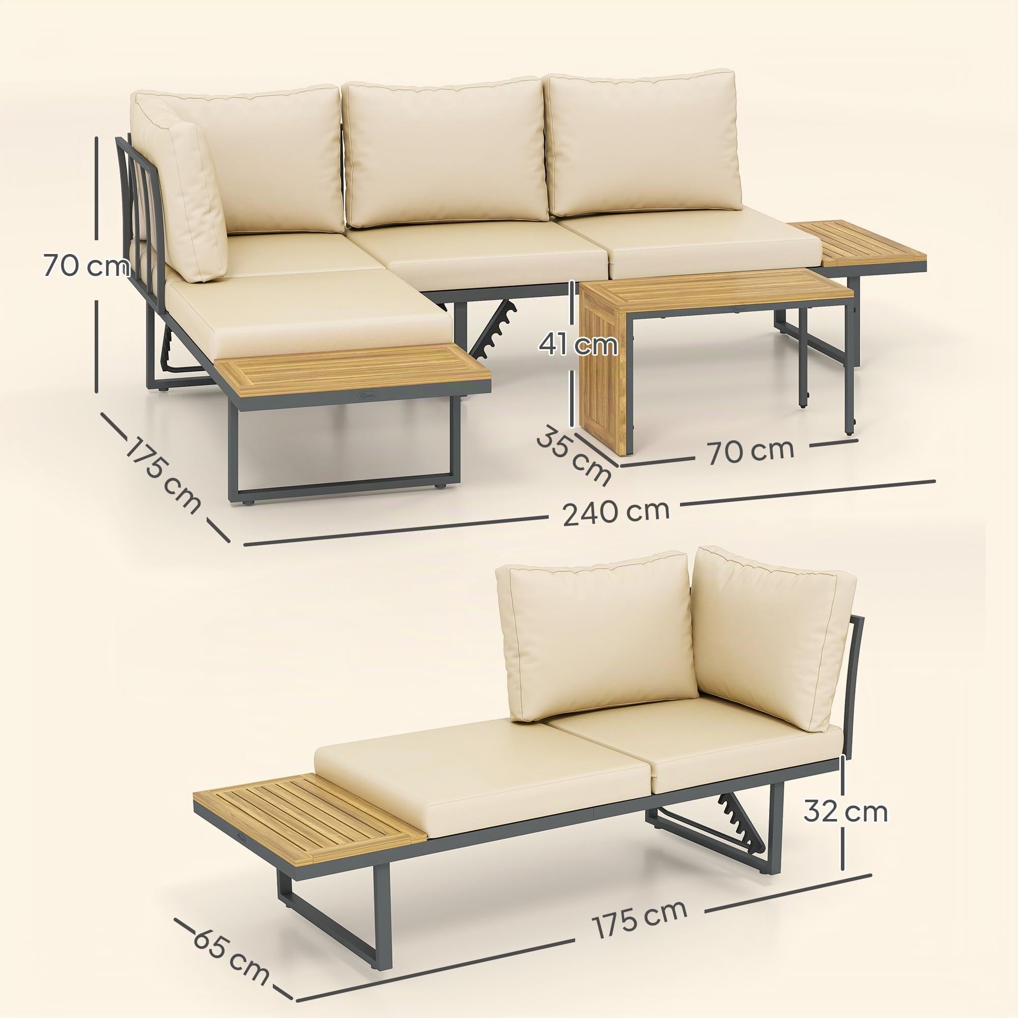 Outsunny Conjunto de Muebles Jardín Exterior Sofás de Exterior en Forma de L Tumbona con 2 Sofás de 3 Plazas Asiento Ajustable y Mesa de Madera de Acacia Versátil con Cojines Beige y Gris
