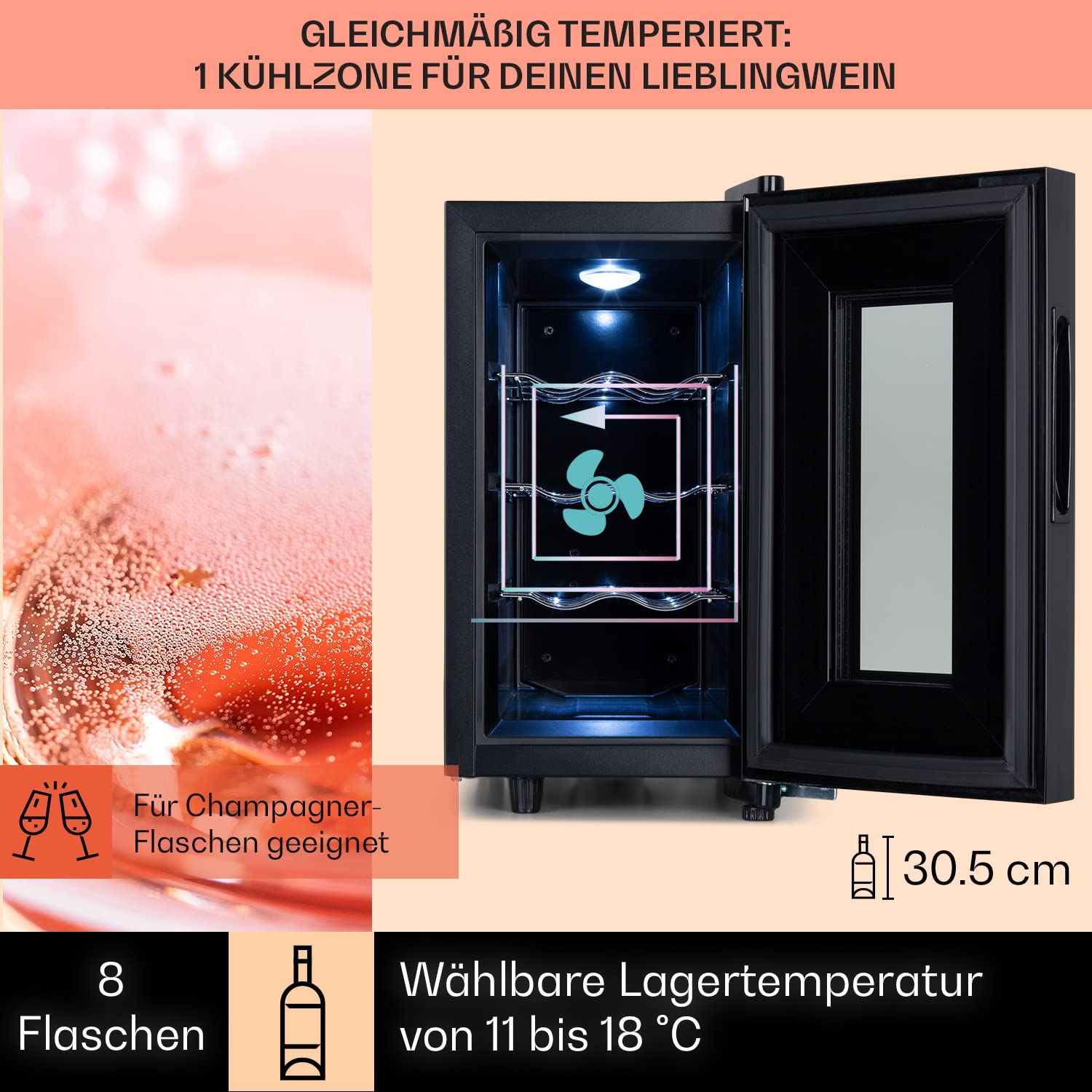 Bellevin 8 Uno wijnkoelkast 23 liter 11-18 °C led Touch SingleZone