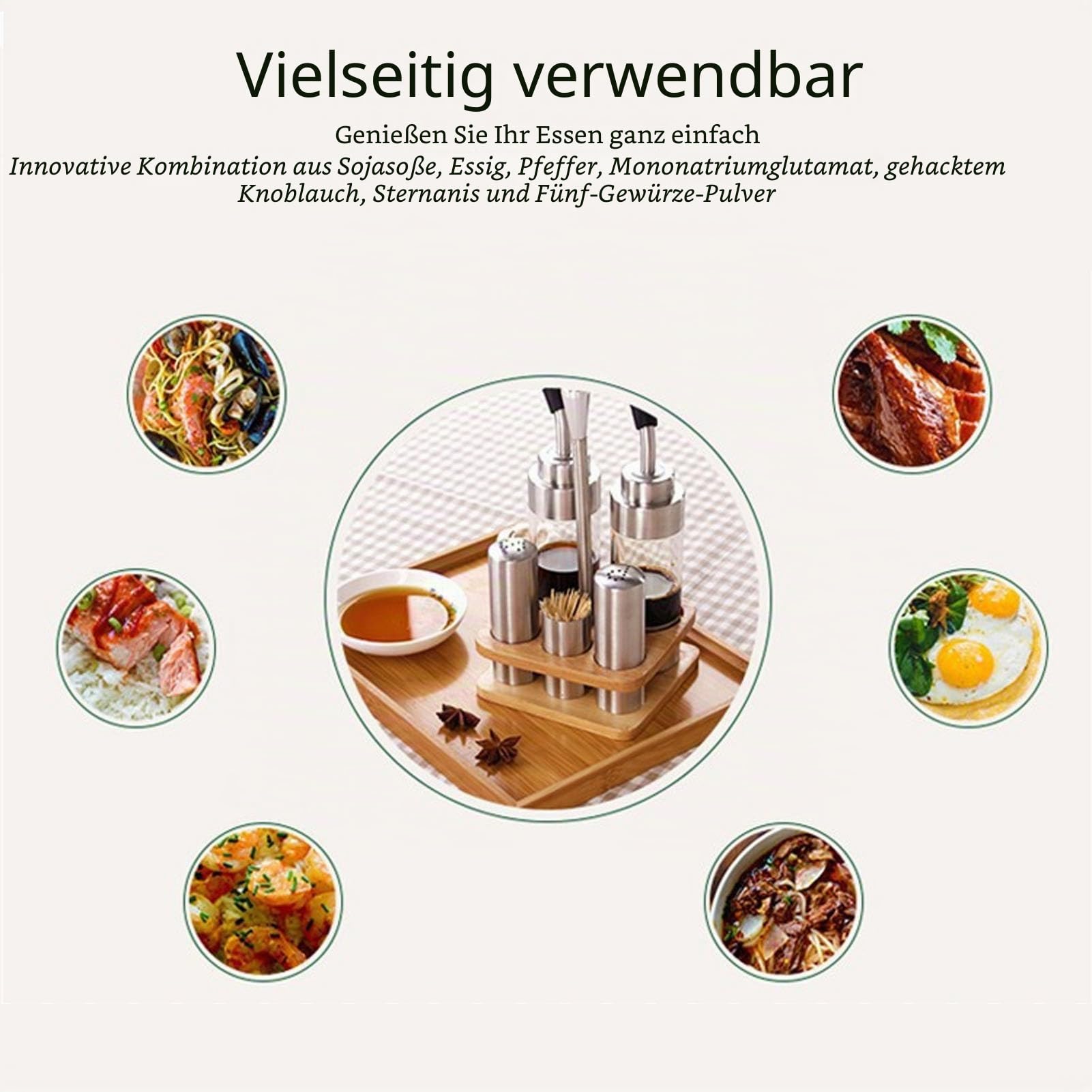 CUEI 6-teiliges Menage-Set aus Edelstahl und Glas, Öl-Essig-Menage-Flaschen, Salz- und Pfefferstreuer, Holzregal, Glas-Gewürz-Set für Küche, Tablett, 22.4 fl.oz, BPA-frei, Spülmaschinenfest