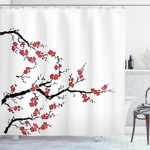 Miniatura 103 de Ambesonne Cortina de ducha hawaiana, diseño de hibisco hawaiano tropical, silueta de niña, tabla de surf, impresión de arte retro, juego de Fucsia