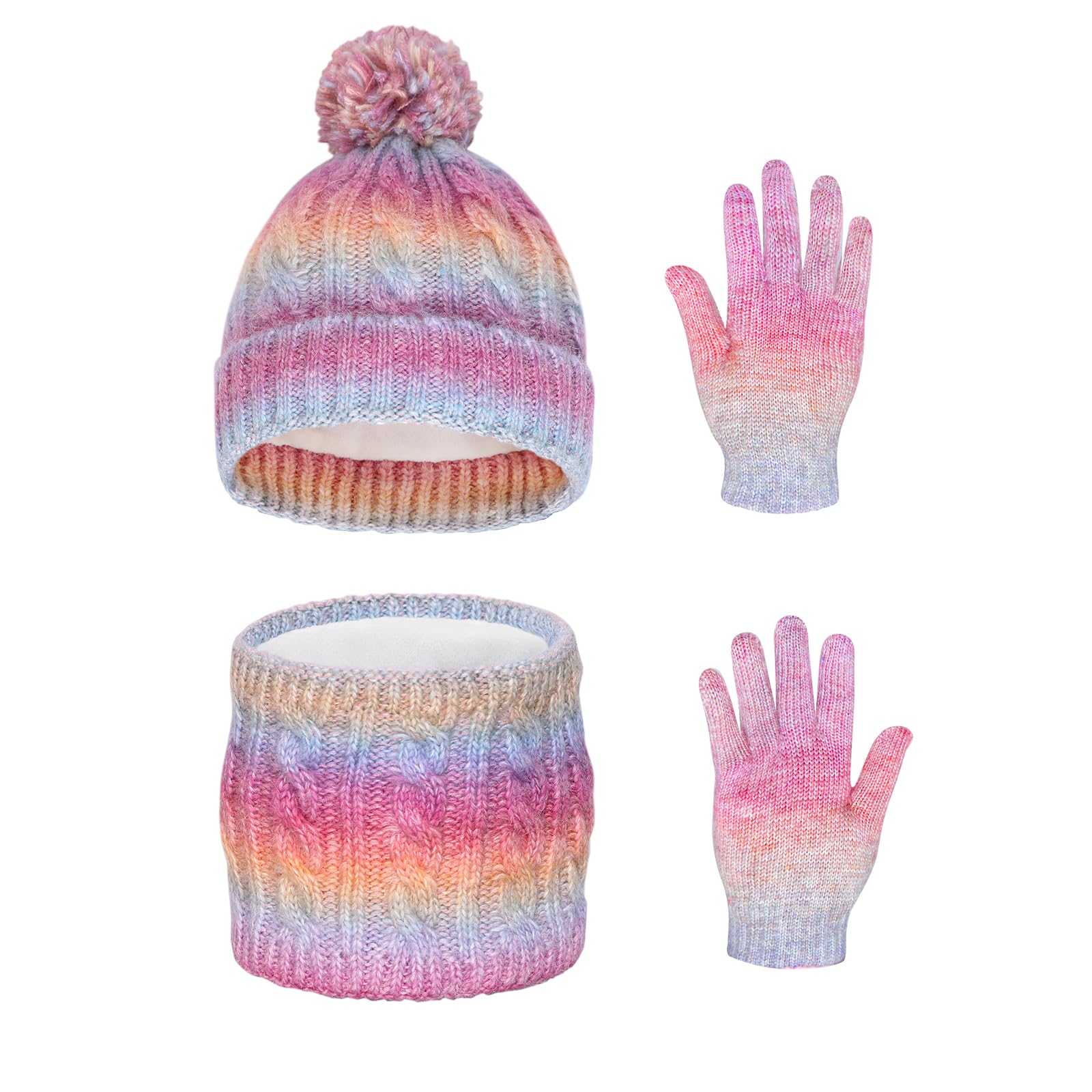 Ensemble Bonnet Echarpe Fille et Gants, Bonnet Enfant Hiver avec Pompon, Tour de Cou Enfant avec Doublure, Hiver Accessoires Ensemble Set Pour Garcon Enfants 2 à 7 ans