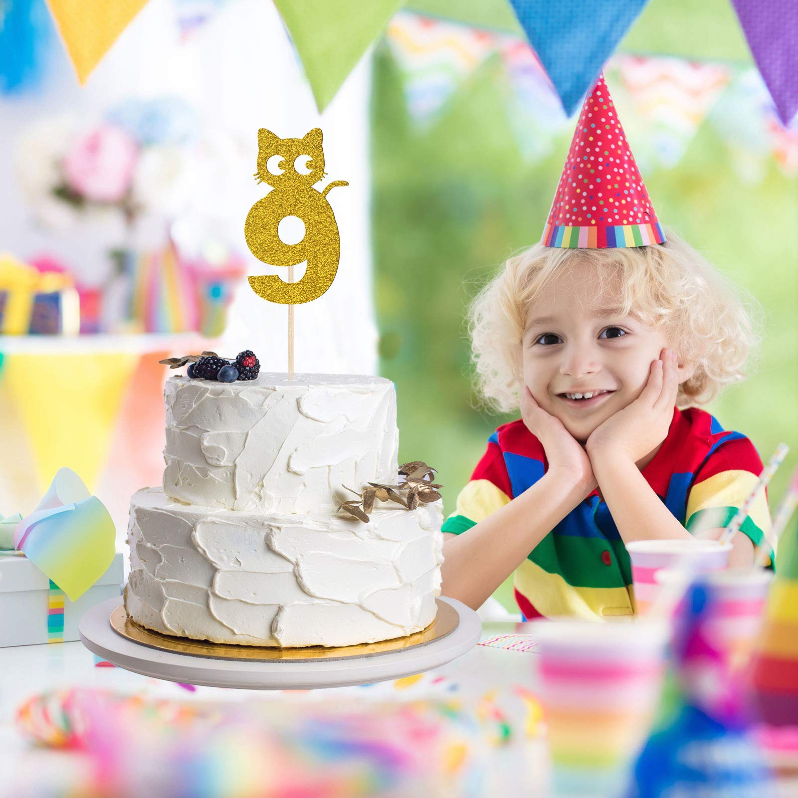 CAM2 Happy Birthday taartdecoratie voor meisjes, taartdecoratie voor de 9e verjaardag, Happy 9e verjaardag, roségoud, glitter, taartdecoratie