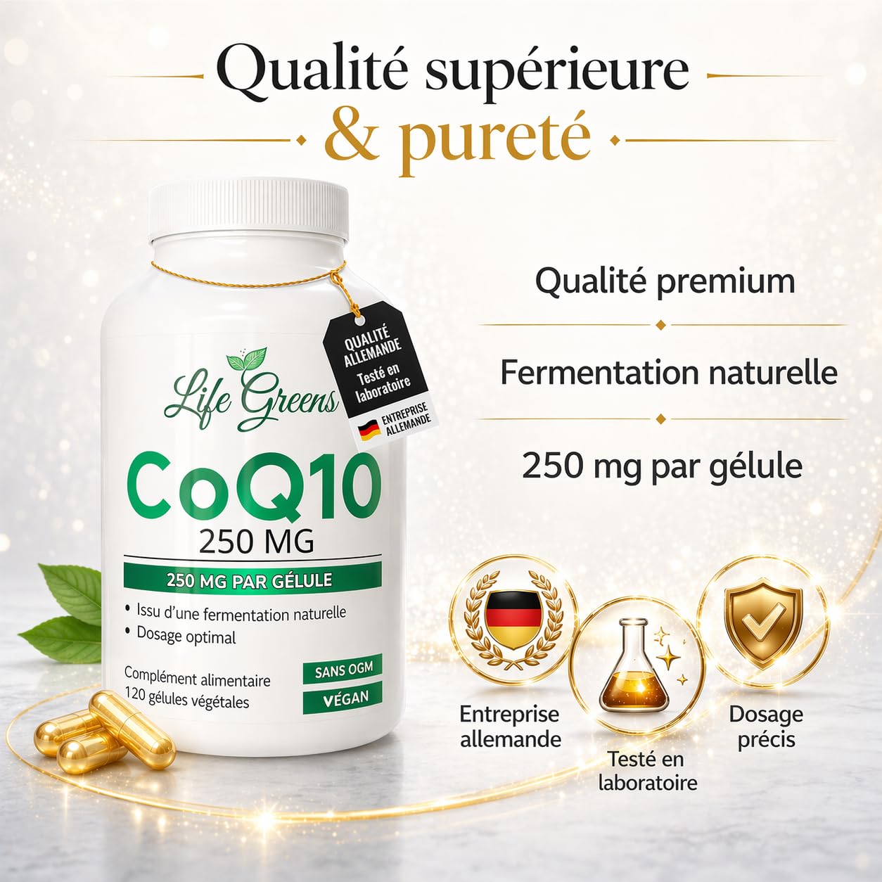 COENZYME Q10 250 mg | CoQ10 Ubiquinol issu de fermentation naturelle | Puissant antioxydant naturel | Protection anti âge | Énergie cellulaire | Absorption optimale | 120 gélules véganes | Sans OGM