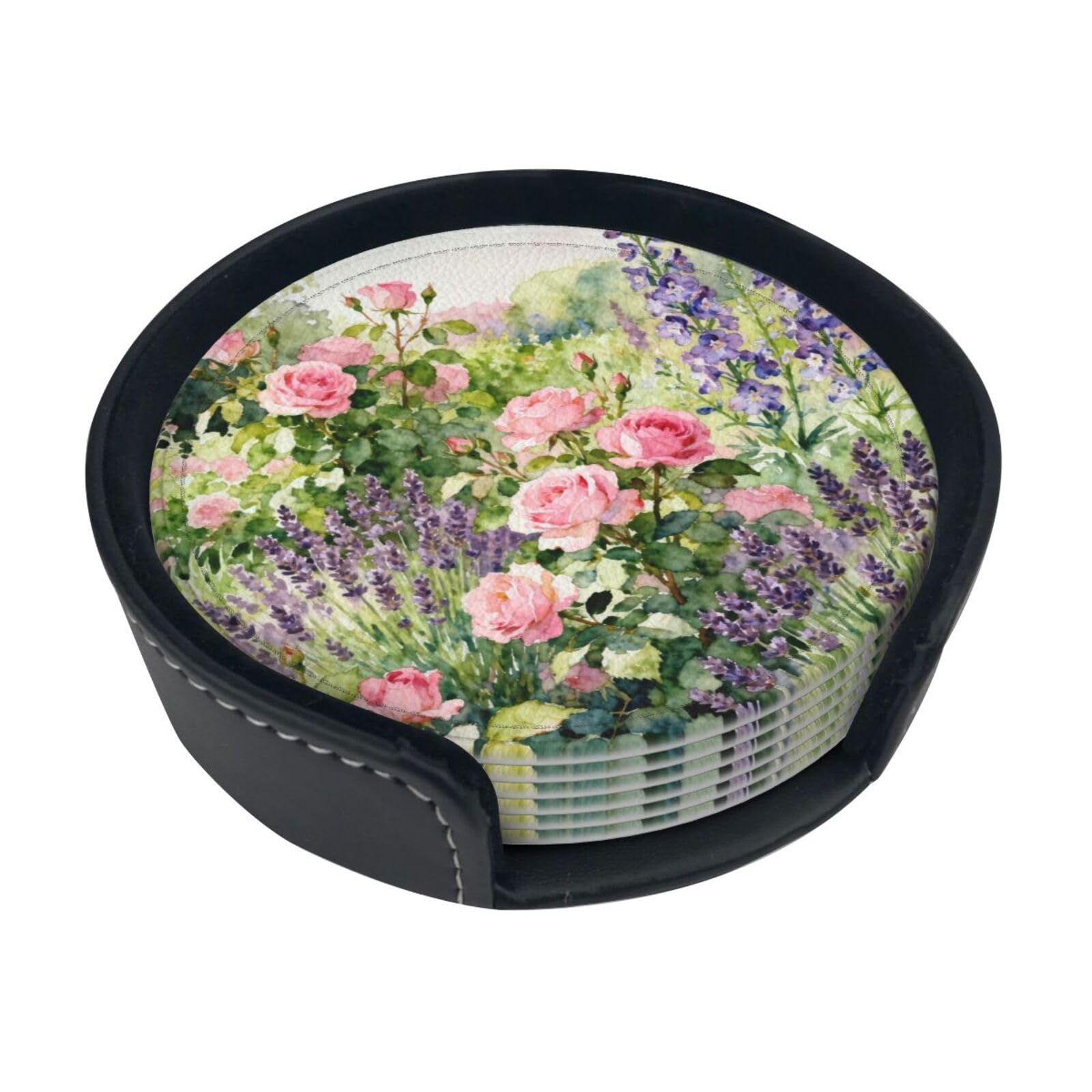 Country Garden Leather Coasters-Set of 6 with Storage Holder